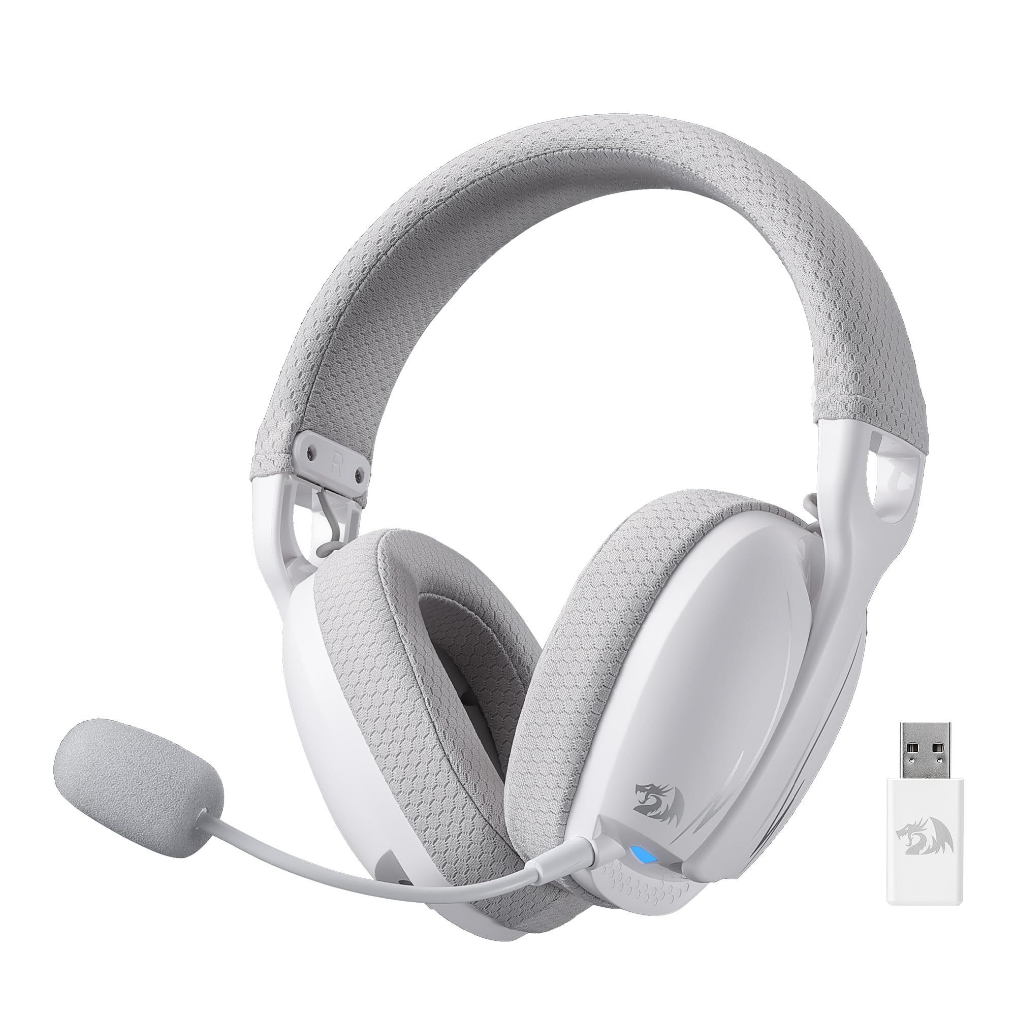 Redragon H878 3-Modus Kabelloses Gaming-Headset mit Blauer Beleuchtung – Leichtgewichtig – 7.1 Surround Sound – 40-mm-Treiber – Abnehmbares Mikrofon – für PC, PS5/4/3, Switch, Mobilgerät, Weiß & Grau