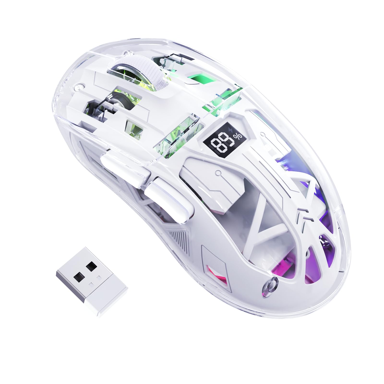 FREEWOLF A2 Kabellose Gaming-Maus, Dual-Mode 2,4G/Bluetooth PC-Gaming-Mäuse, RGB-Maus mit Akku-Display, Transparente Hülle, PixArt 3212, 4000 DPI 5 Einstellbar, für Win/MAC - Glasiertes Weiß