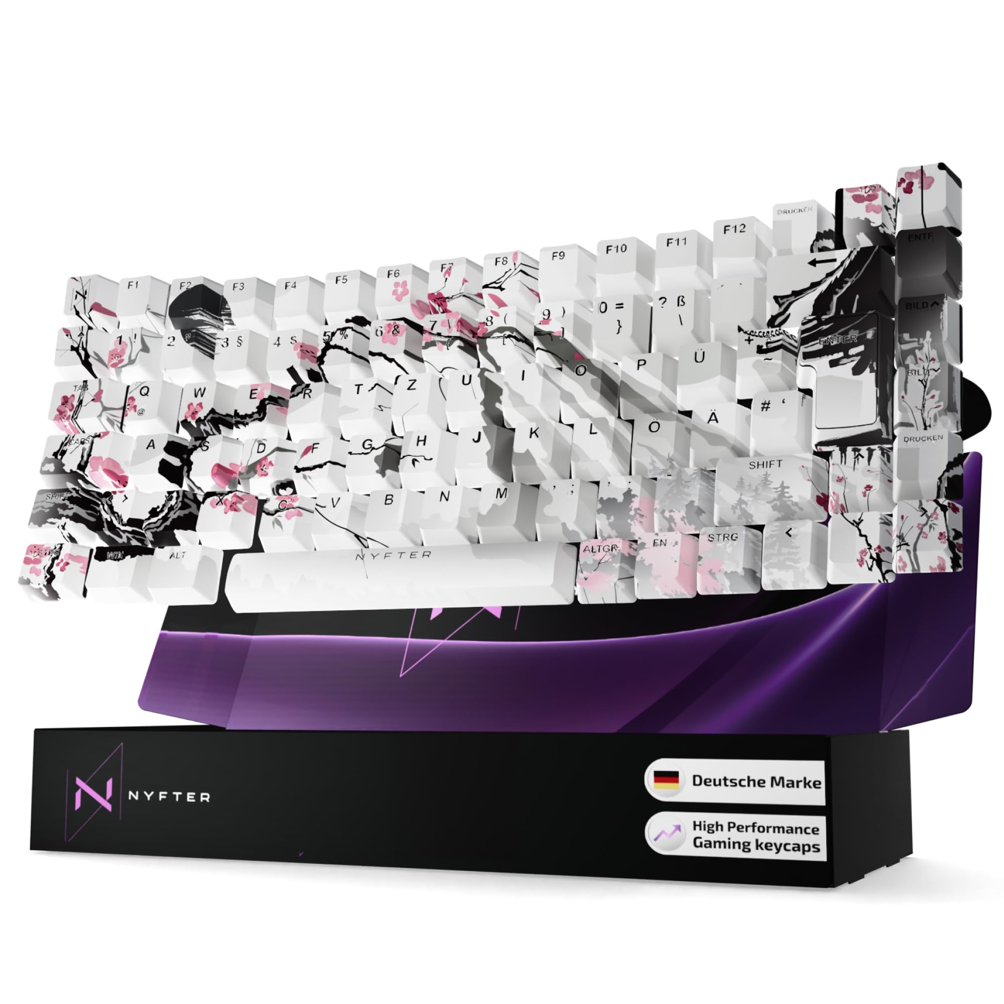 Nyfter - Premium Sakura Keycaps ISO 60% und 75% Custom Keycabs ISO Layout für Mechanische Tastaturen (Sakura White, 75%)