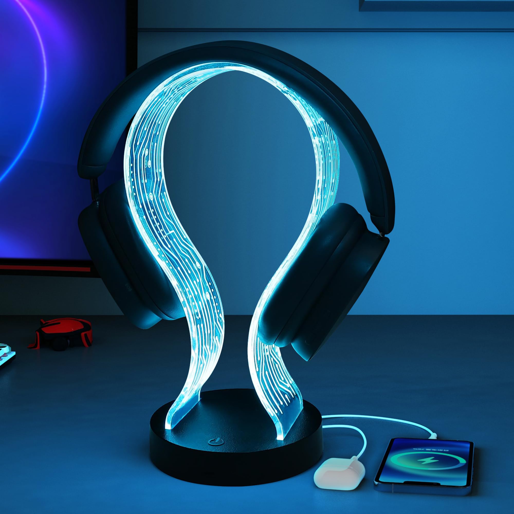 Ammonite Light Up Headphone Stand, 16 Farbe leuchtet Gaming Schreibtisch Accessoire mit 1 USB-Ladeanschluss und 1 Typ-C-Ladeanschlüsse, USB-Power und PCB-Muster, Geschenke für Gamer Freund Junge Mann
