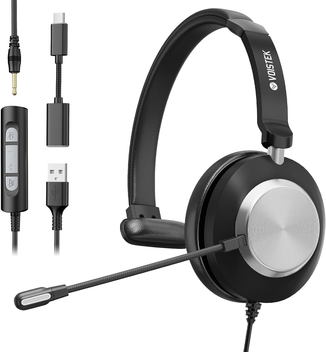 Voistek USB Headset mit Mikrofon für PC & Laptop, 3-in-1 (Typ C/USB-A/3,5mm), On-Ear Kabel Kopfhörer mit Geräuschunterdrückung & Lautstärkeregler für Büro, Callcenter, Zoom, Home Office, Online-Kurse