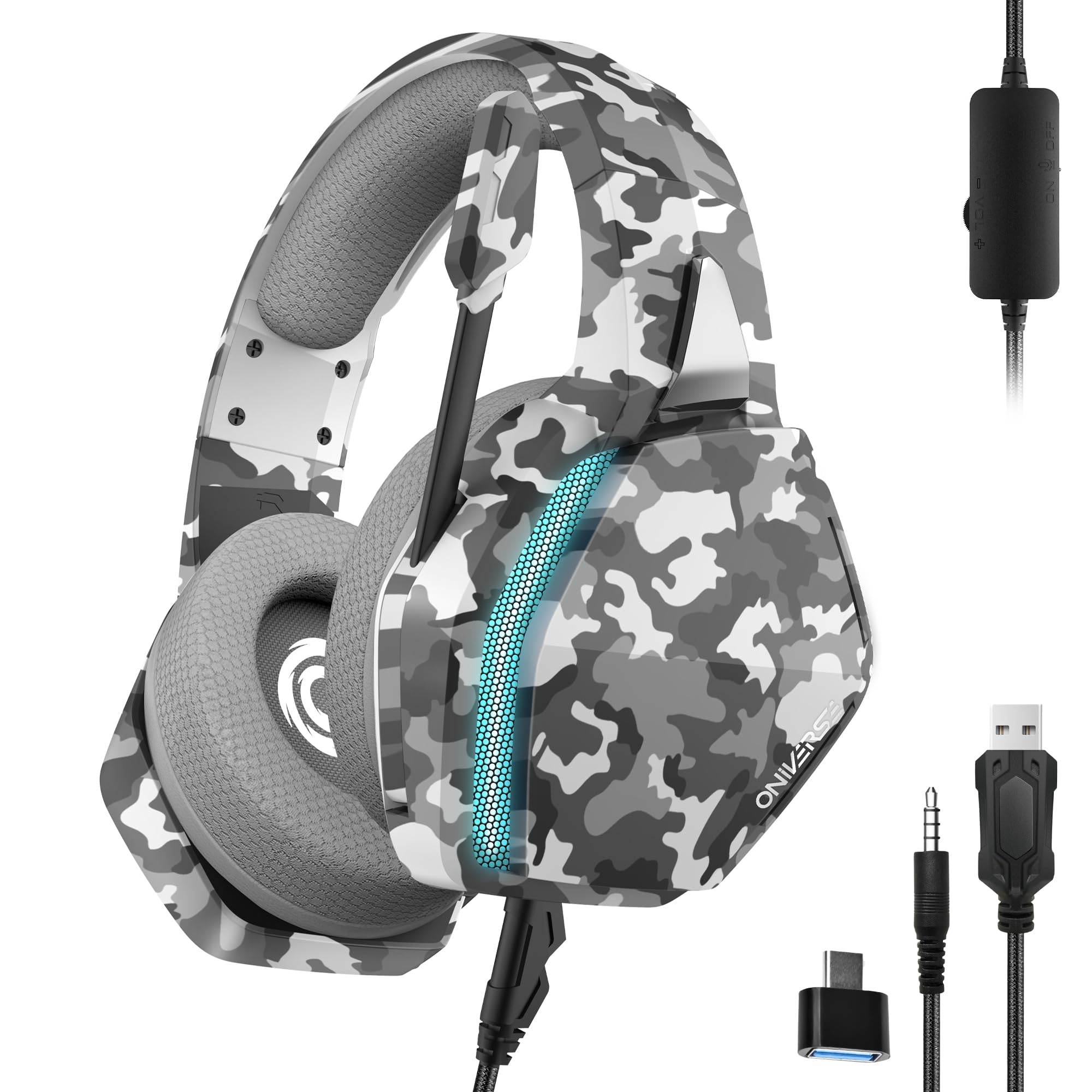 Oniverse Gaming Headset kompatibel mit PS5, PS4, Switch, Xbox, PC mit verstellbarem Mikrofon, LED, Lautsprecher 50 mm, Ohrpolster aus atmungsaktivem Stoff – kabelgebundenes Gaming Headset Nebula Grau
