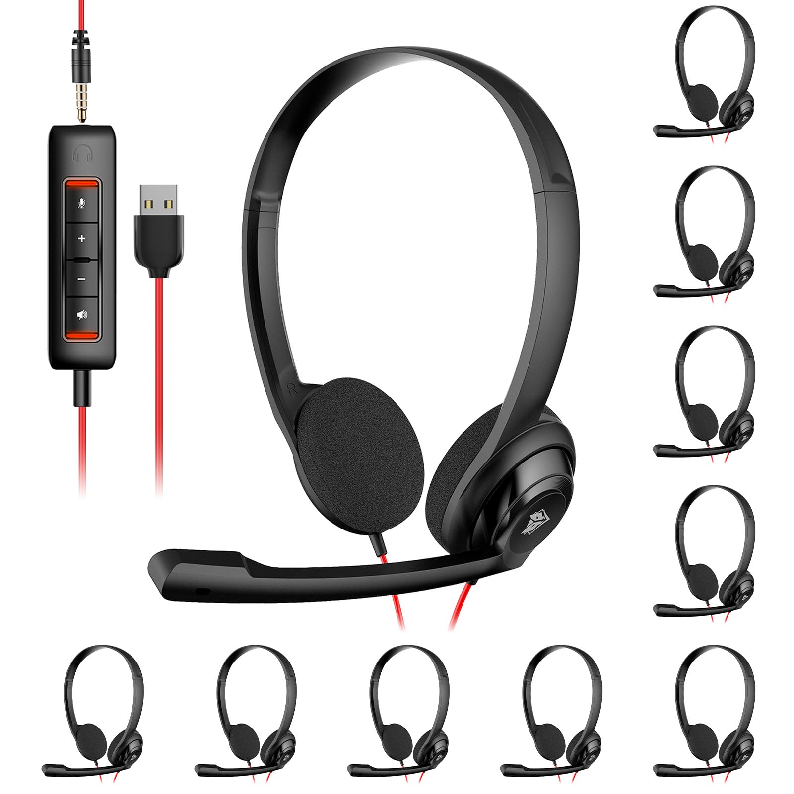 NUBWO HW02 USB-Computer-Headset mit klarem Chat-Mikrofon, leichtes On-Ear-Headset für MS-Teams, Skype, Webinare, Call-Center und mehr, 10 Stück