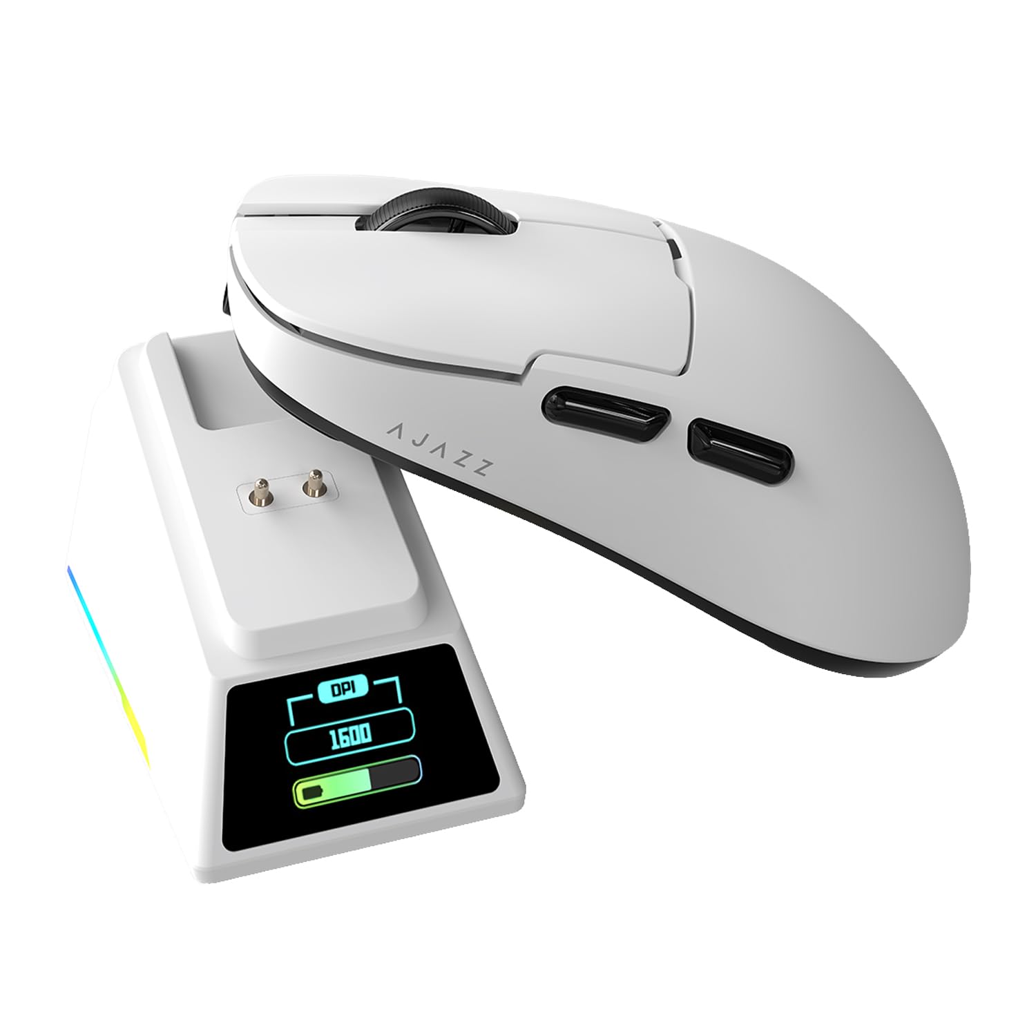 AJAZZ AJ159 APEX Wireless Gaming Mouse with RGB Magnetic Charging Base, Lightweight 56 Gram Design, 2.4G/USB-C/BT, 400 mAh Battery, 42K DPI, 8000Hz Response Rate, Compatible with PC and Mac, White