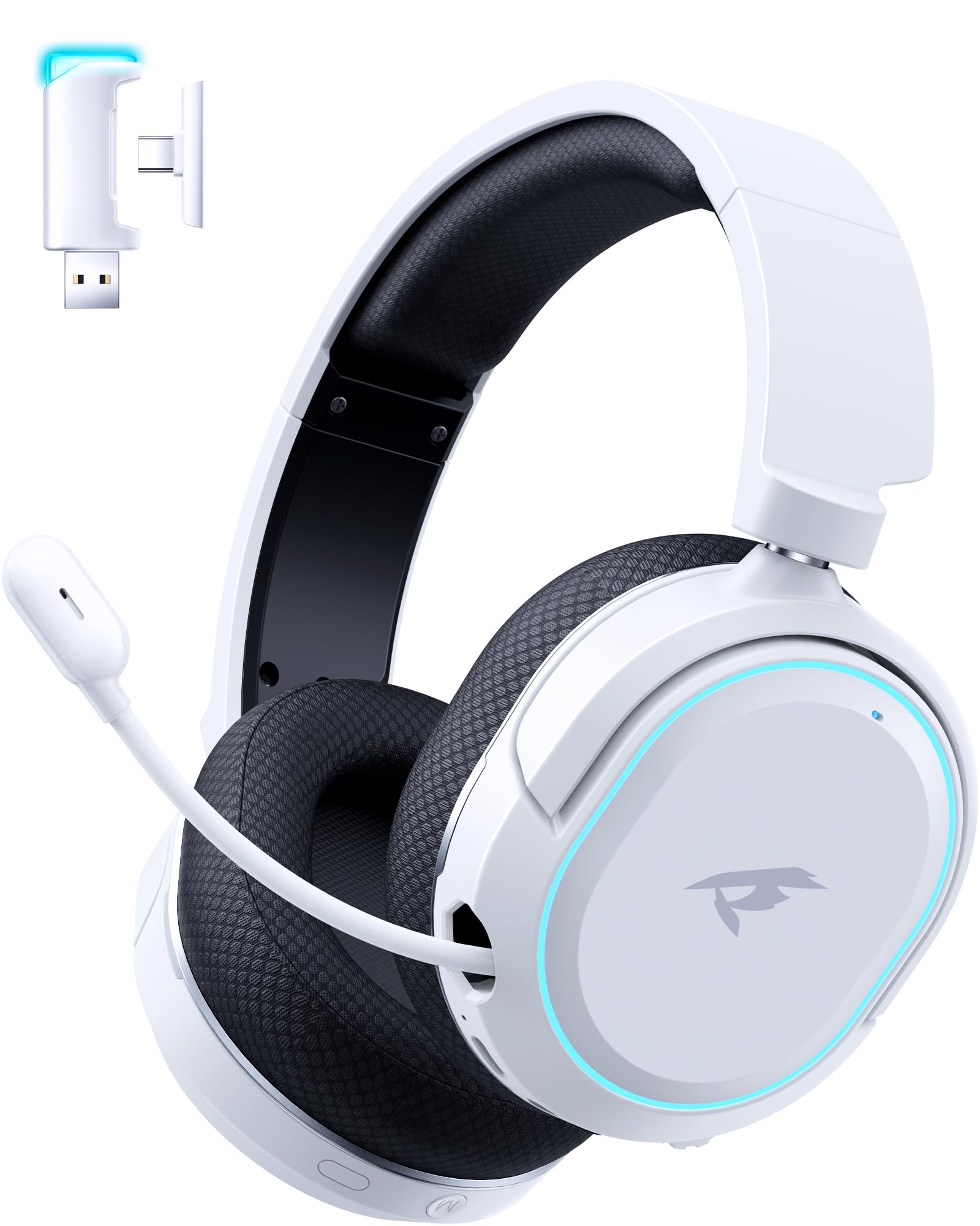 Wireless Gaming Headset, 7.1 Surround Sound, 2.4GHz USB Gaming Kopfhörer mit Bluetooth 5.4, 100H Akku, ENC Noise Canceling Mic, RGB Licht, Wireless Headset für PC PS5 PS4 Mac Switch (Schwarz-Weiß)