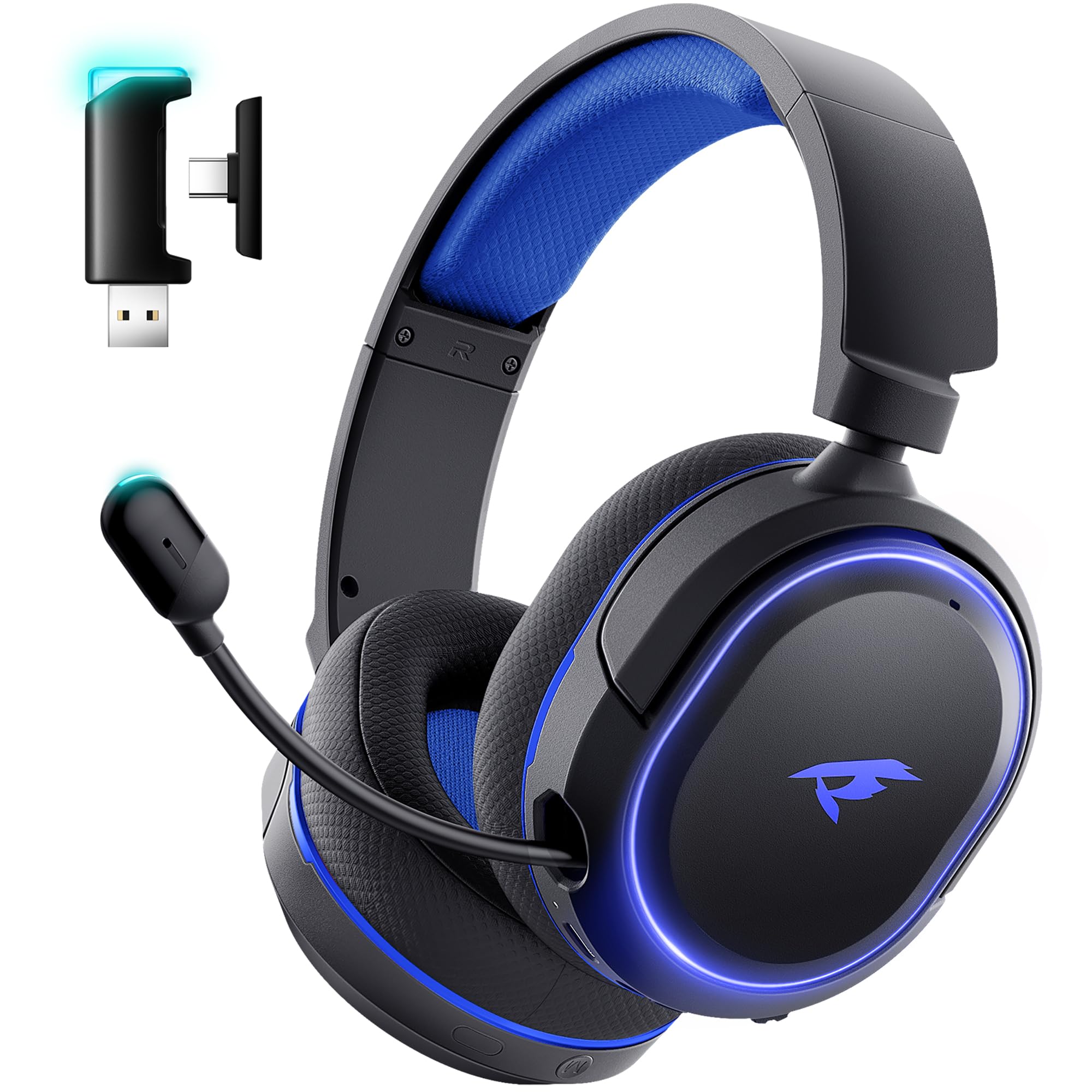 Wireless Gaming Headset, 7.1 Surround Sound, 2.4GHz USB Gaming Kopfhörer mit Bluetooth 5.4, 100H Akku, ENC Noise Canceling Mic, RGB Licht, Wireless Headset für PC PS5 PS4 Mac Switch (Schwarz-Blau)