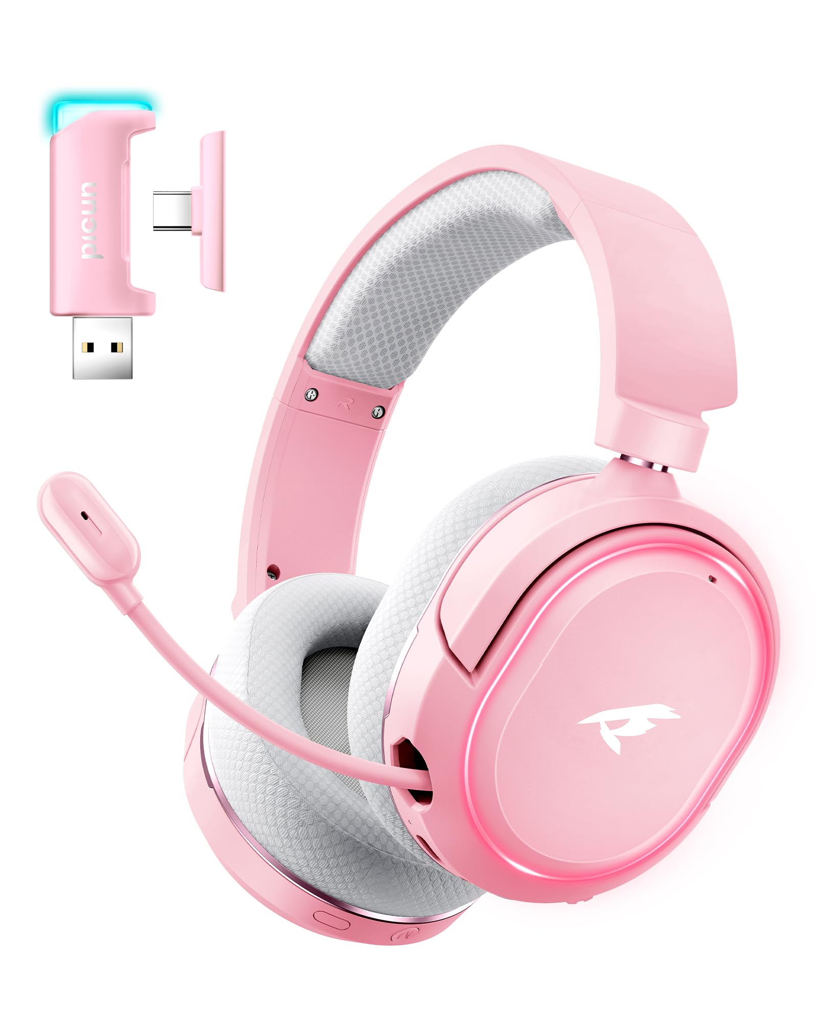 Wireless Gaming Headset, 7.1 Surround Sound, 2.4GHz USB Gaming Kopfhörer mit Bluetooth 5.4, 100H Akku, ENC Noise Canceling Mic, RGB Licht, Wireless Headset für PC PS5 PS4 Mac Switch (Weiß-Rosa)