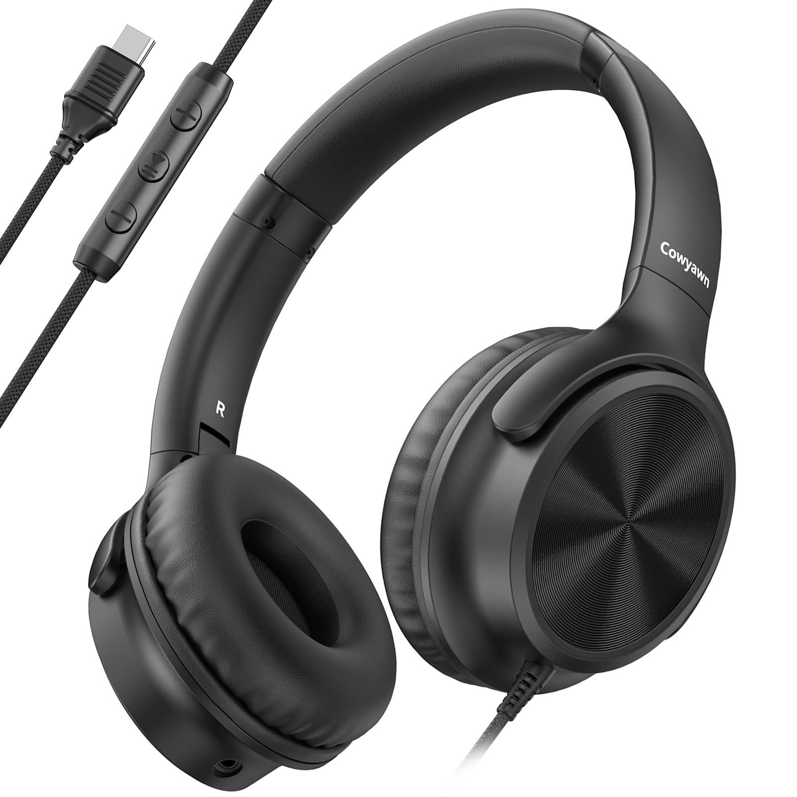 Cowyawn USB-C-Kopfhörer kabelgebunden, Over-Ear-Kopfhörer mit Mikrofon, Lautstärkeregler, HD-Stereo-Sound, faltbare,leichte Kopfhörer für Erwachsene/Teenager/Chromebooks/Laptop/Computer/Reisen,Schwarz