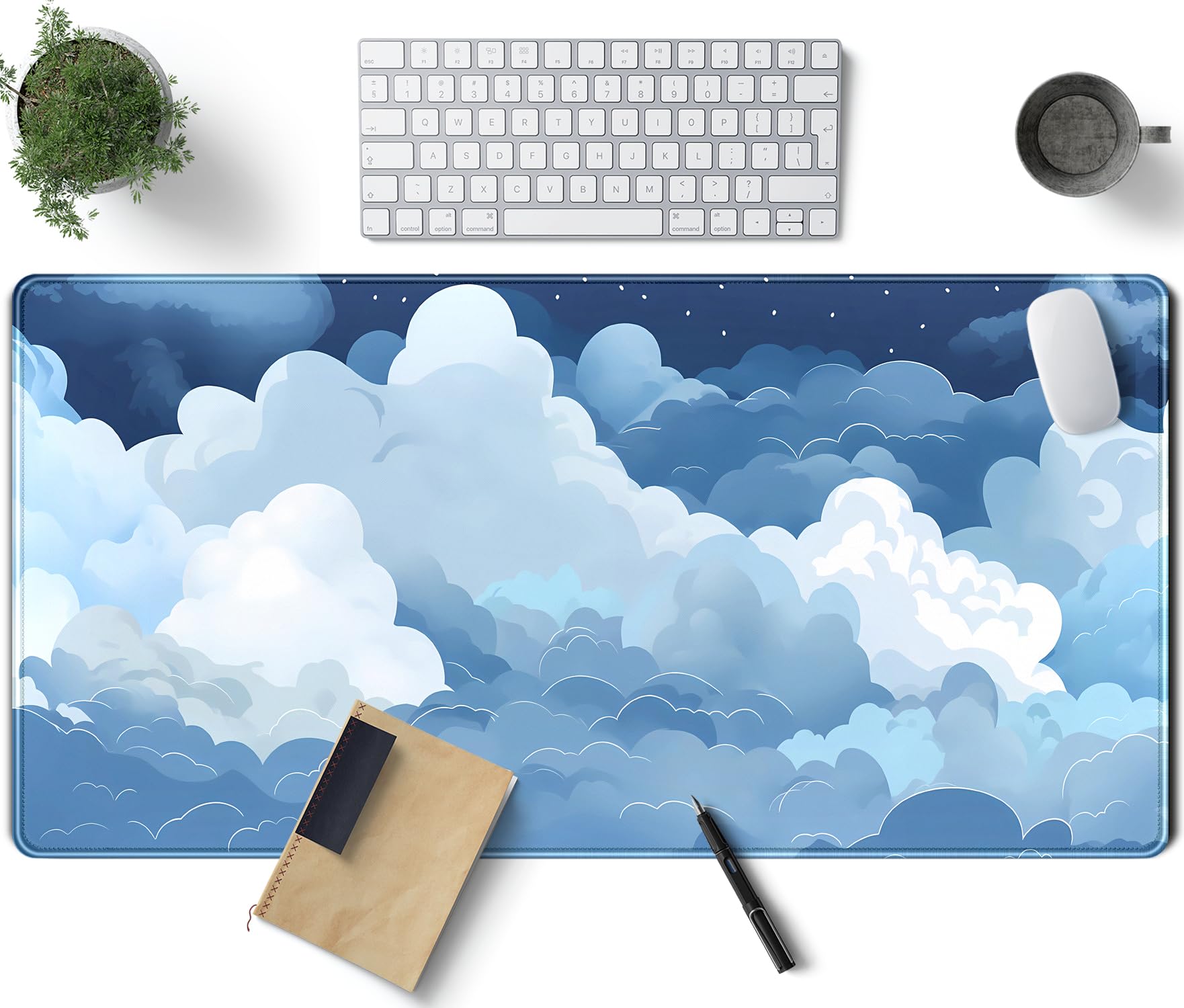 Ästhetische blaue und weiße geschwollene Wolken Schreibtischmatte, XXL, großes Kawaii-Blau, erweitertes Gaming-Mauspad mit genähten Kanten, niedliche große Laptop-Tastatur und Mauspad für Frauen,
