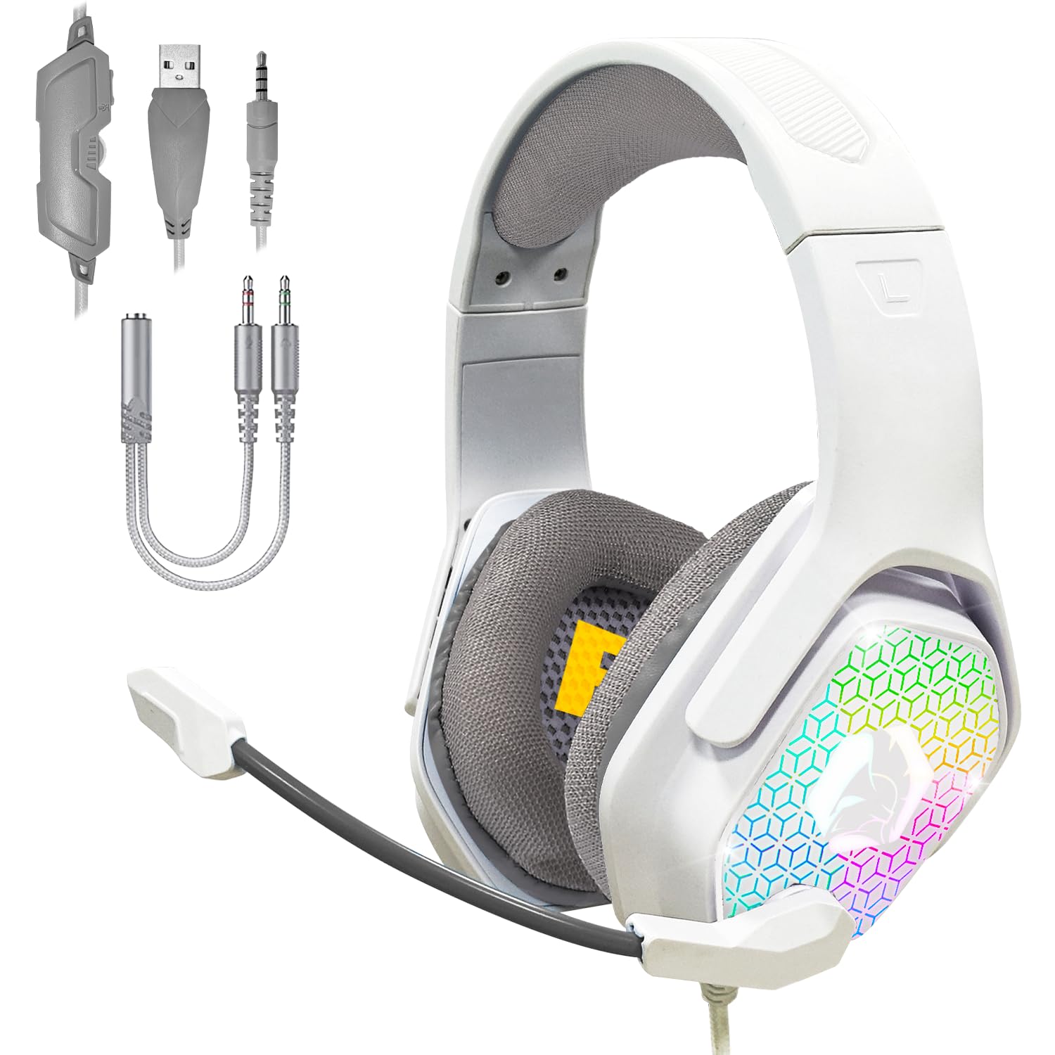 EMPIRE GAMING H-3 RGB Gamer Kopfhörer für PS5, PS4, Xbox One/Series, Switch, PC, Mac, Smartphones, Tablets, Fernbedienung, High Definition Stereo Sound, Flexibles Mikrofon, Weiß
