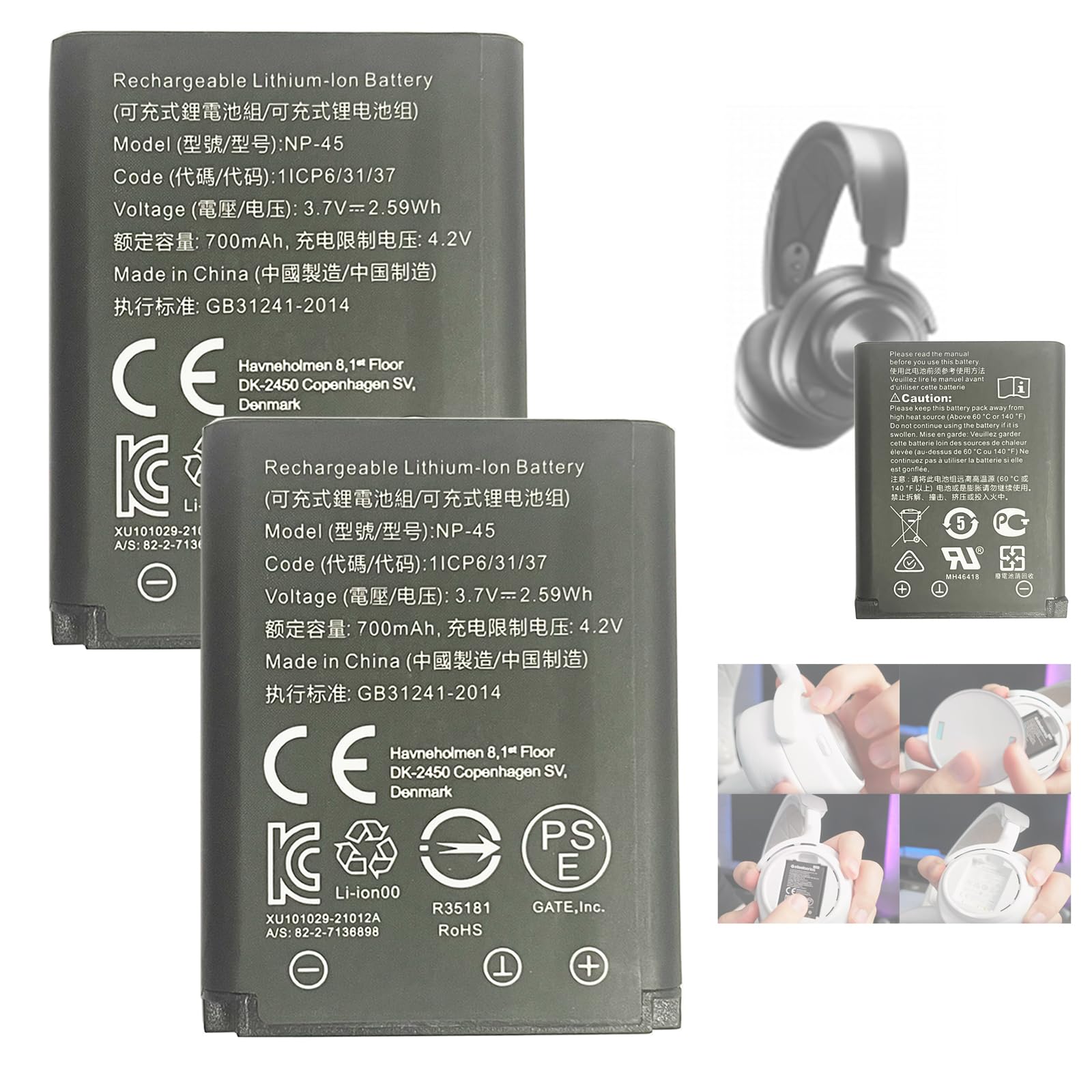 NP-45 (2PCS) ersatz akku Kompatibel mit SteelSeries Arctis Nova Pro, 61527 Wireless Bluetooth Headsets Multi-System Gaming Headset,Bosch S6EA, Bosch Nyon, 82-2-7136898 Spare Accu Pack 700mAh