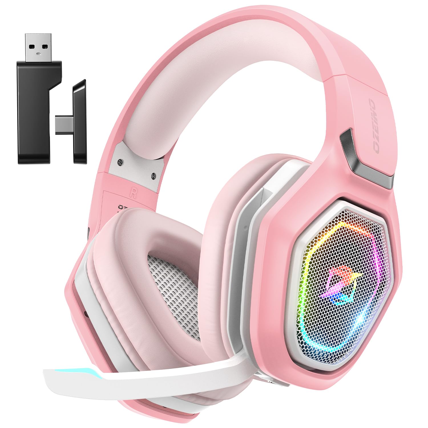 Ozeino OW810 Gaming Headset Mit Mikrofon Geräuschunterdrückung für Ps5/PC/Ps4/Mac, 2.4GHz Wireless Headset mit Bluetooth, Gaming kopfhörer 40H+ Akkulaufzeit - Rosa