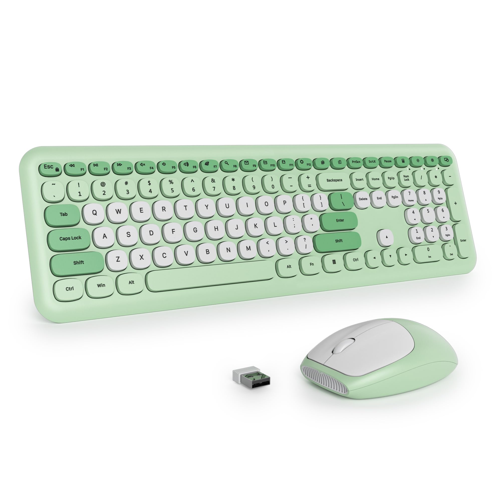 Tastatur und Maus Kabellos, Retro Bunt Tastatur Funktastatur mit Stille Mouse Amerikanisch QWERTY , Cute Wireless Schreibmaschine Tastaturin in Voller Größe USB 2.4GHz für PC 666pro-Green