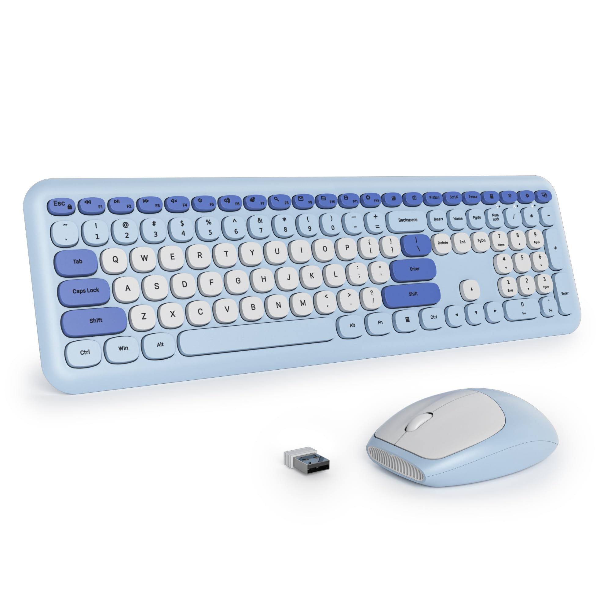 Tastatur und Maus Kabellos, Retro Bunt Tastatur Funktastatur mit Stille Mouse Amerikanisch QWERTY, Cute Wireless Schreibmaschine Tastaturin in Voller Größe USB 2.4GHz für PC 666pro-Blue