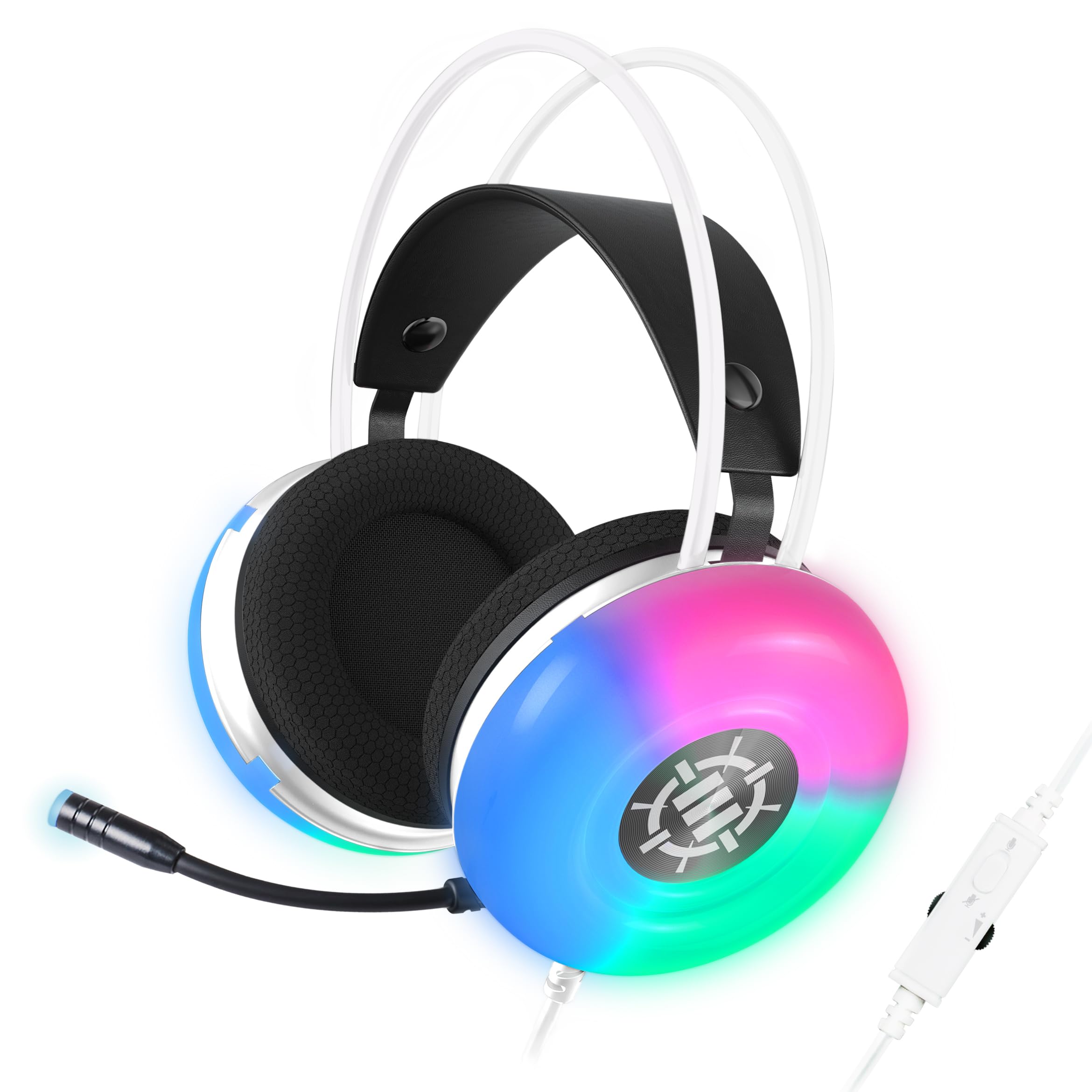 ENHANCE Theorem 3 Weiße Kopfhörer - PC-Gaming-Headset mit eingebauten Bassresonatoren, 2.0-Stereosound, farbwechselnden LEDs, 50mm-Treibern - Gaming-Kopfhörer Inline-Controller, inklusive Splitter