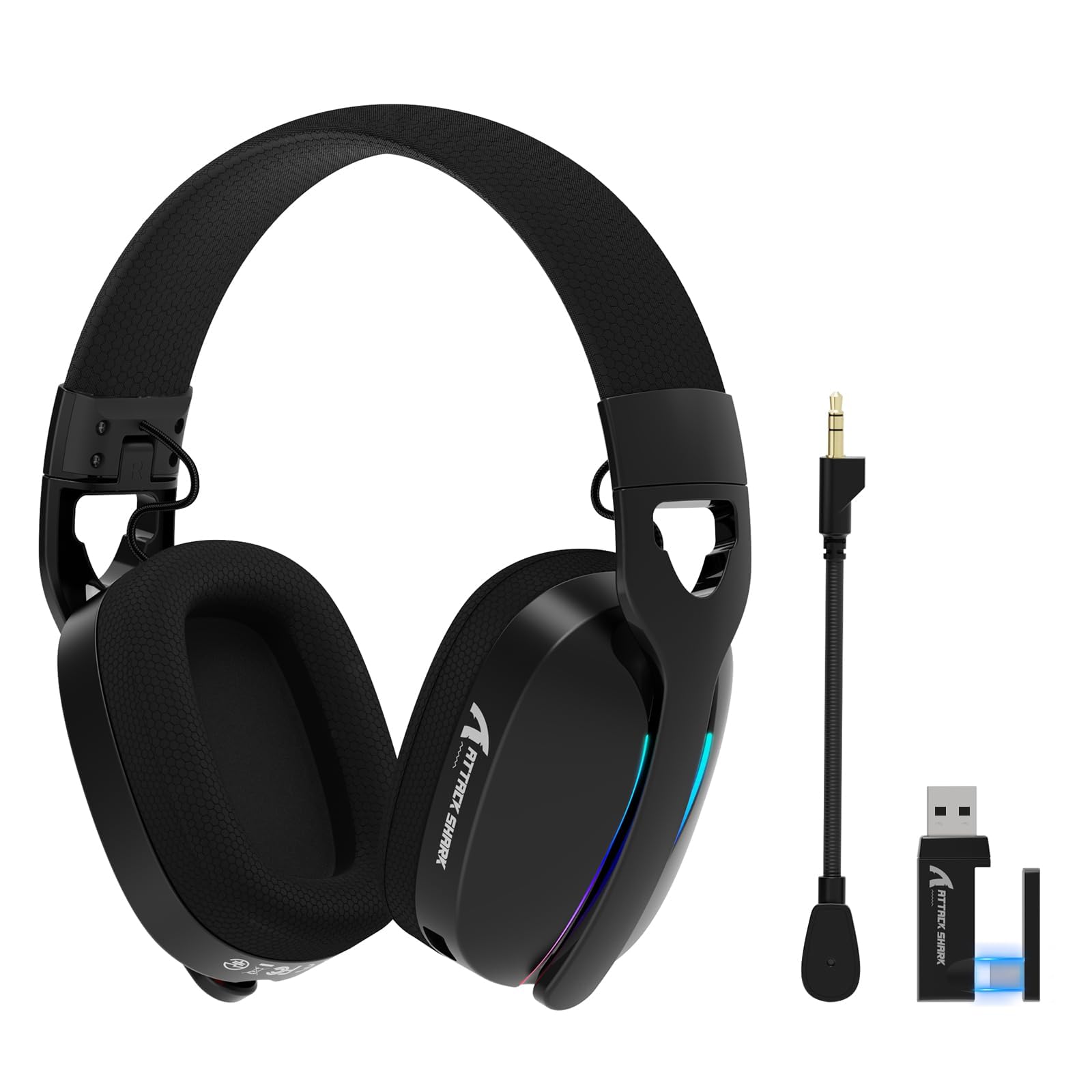 ATTACK SHARK L90 Ultraleichtes Kabelloses Gaming-Headset, BT, 2.4G, 3.5mm, RGB Faltbar, 7.1 Surround Sound Over-Ear Kopfhörer mit Abnehmbarem Geräuschunterdrückendem Mikrofon, für PC, Mobil - Schwarz