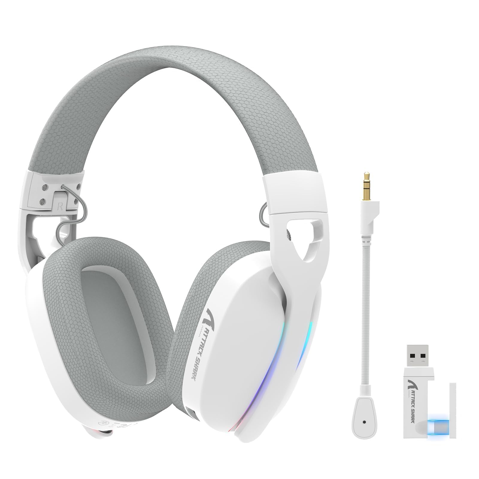 ATTACK SHARK L90 Ultraleichtes Kabelloses Gaming-Headset, BT, 2.4G, 3.5mm, RGB Faltbar, 7.1 Surround Sound Over-Ear Kopfhörer mit Abnehmbarem Geräuschunterdrückendem Mikrofon, für PC, Mobil - Weiß