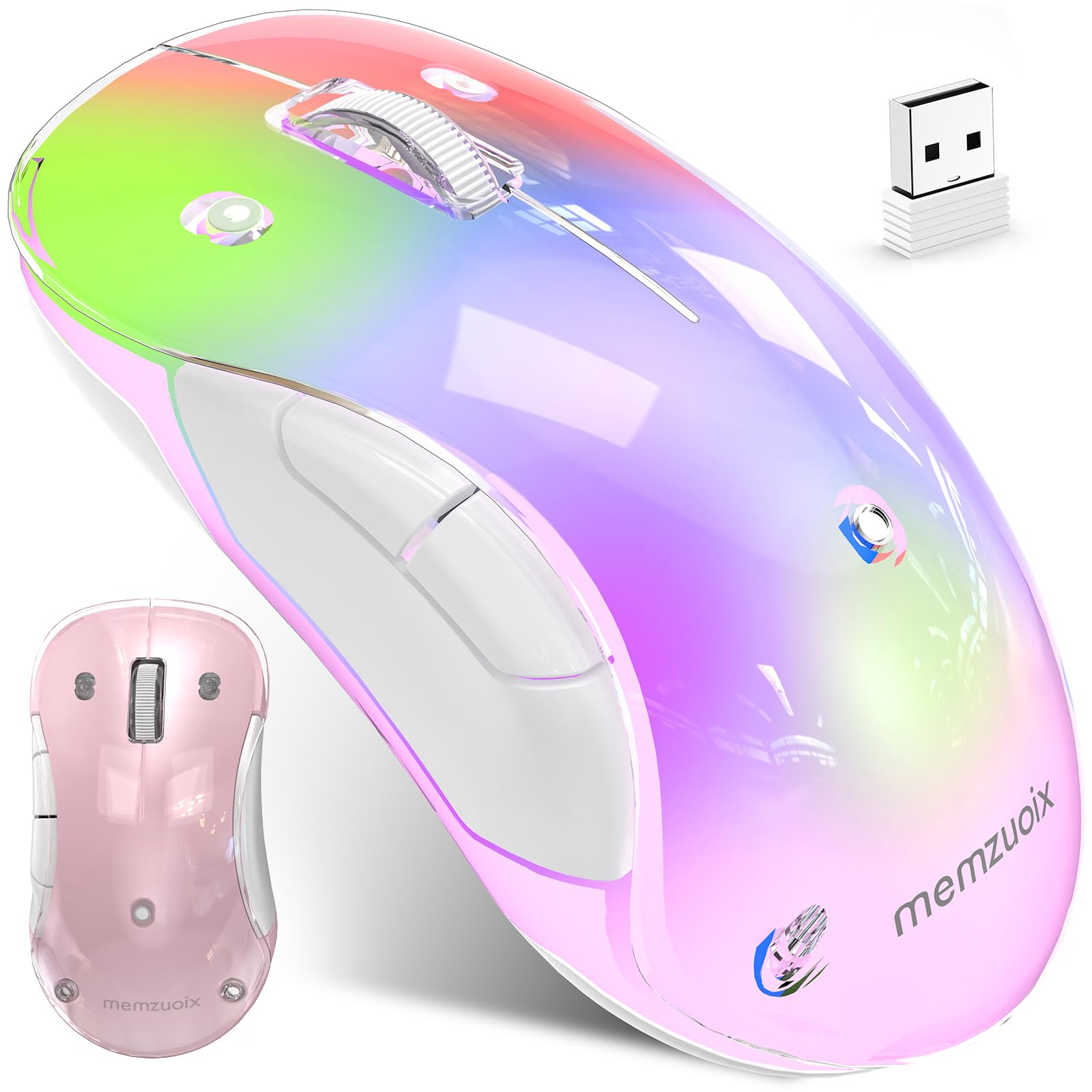 memzuoix LED Kabellose Maus – Wiederaufladbare 2.4G Optische Maus mit Magnetischer Abdeckung, Sanfter RGB-Beleuchtung, 1400 DPI, Ergonomisches Design mit USB-Empfänger für Laptop, PC und MacBook