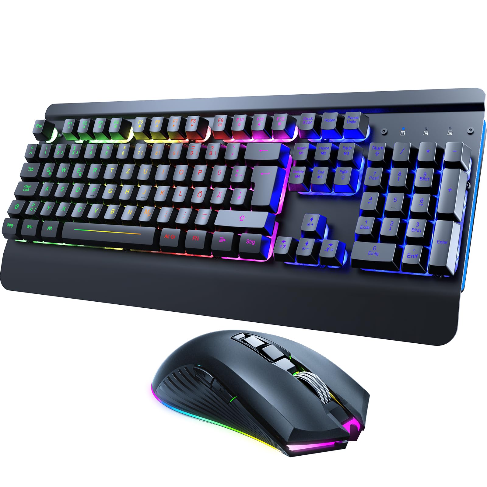 RisoPhy Gaming Tastatur Maus Set Kabellos, QWERTZ, Metallplatte, 7 Farben Beleuchtet, Wiederaufladbarer 3200 mAh Akku, Schlafmodus, Licht auf Tastatur + 7D 3200DPI Gaming Maus für PC Gamer