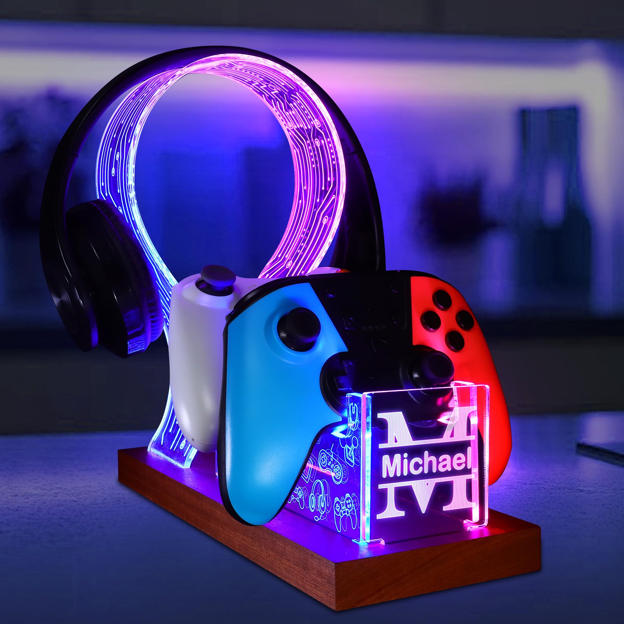 YuanDian Gamer-Geschenke für Teenager, Headset- und Controller-Ständer mit blau-rosa LED-Nachtlicht, hölzerner Controller-Halter aus Acryl mit PCB-Muster