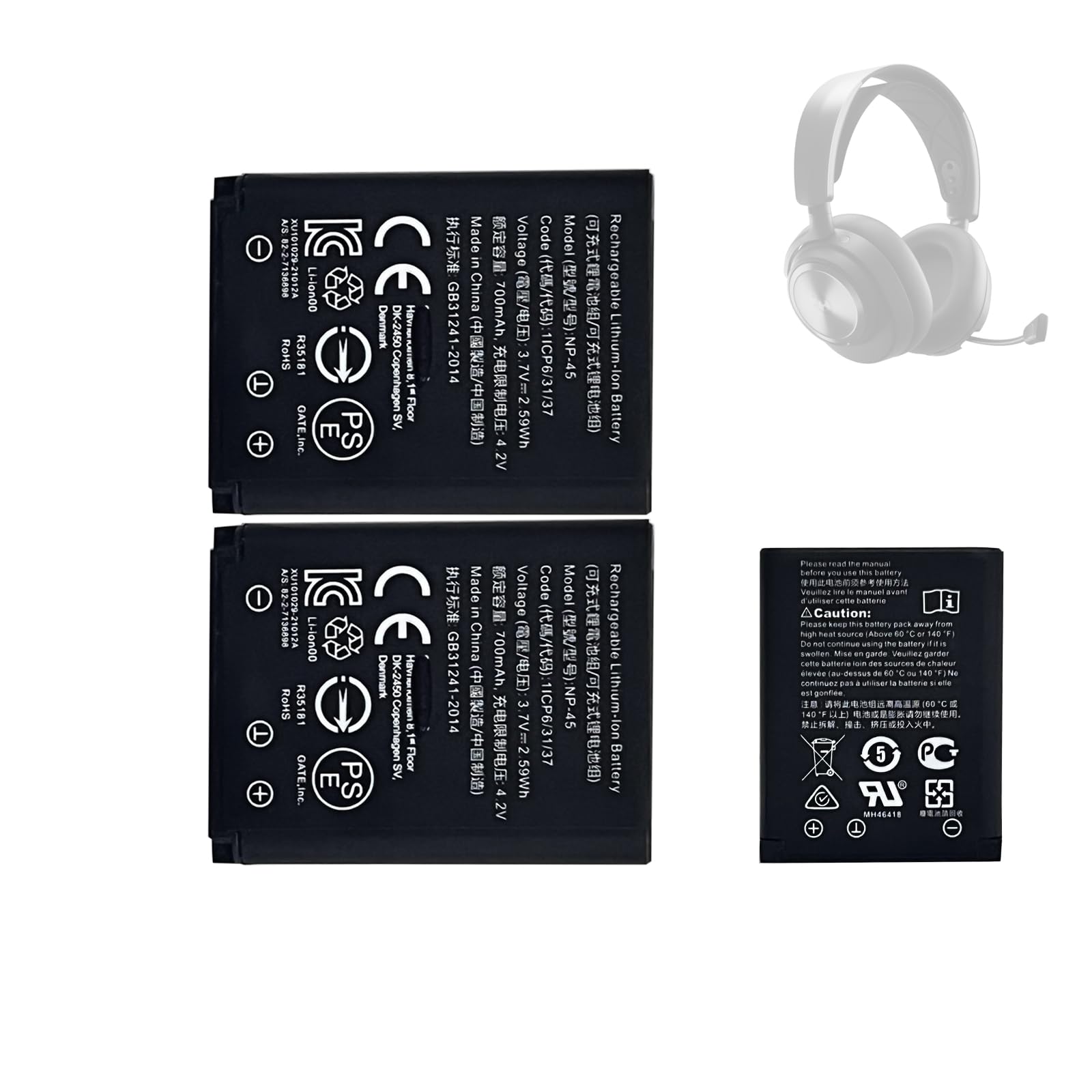 2PCS HIGHAKKU Ersatzakku Batterie NP-45 kompatibel mit Steel-Series Arctis Nova Pro 61527 Wireless Multi-System Gaming Headset Pack of 2