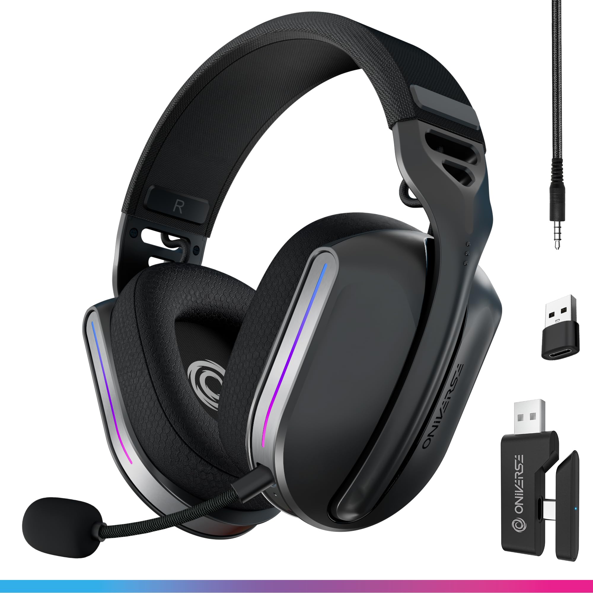 Oniverse Gaming-Headset, kabellos, kompatibel mit PS5, PS4, Switch, PC, mobil, leicht, LED, geringe Latenz, 2,4 GHz oder Bluetooth, Akku 33 Stunden, virtueller Sound, 7.1 Sound, Dual Mikrofon –