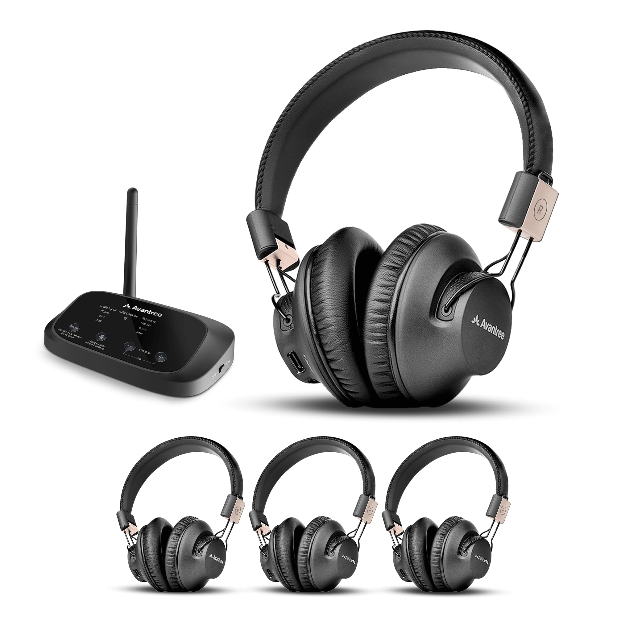 Avantree Quartet 2 – Bluetooth-kompatibles kabelloses Gruppenhörsystem mit Kopfhörern & Sender für Partys, Silent Discos, TV – Mehrere Kopfhörer mit niedriger Latenz & klarem Sound