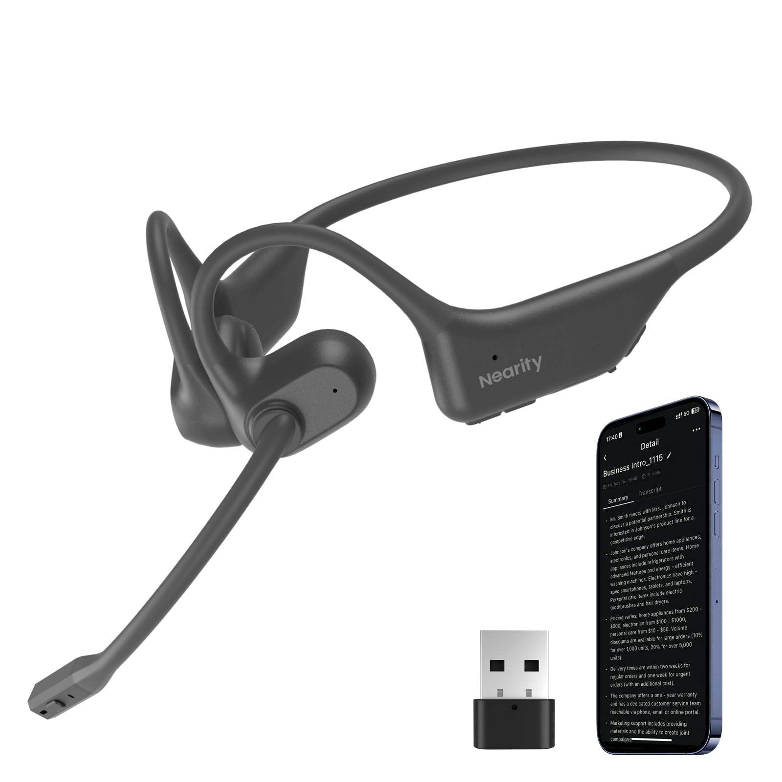 NEARITY MemPod Pro 2S, Open-Ear-Bluetooth-Kopfhörer mit Mikrofon, ChatGPT-Transkription & Zusammenfassung, Dongle, App-Steuerung, 97 Sprachen, für Vorträge, Meetings, Anrufe