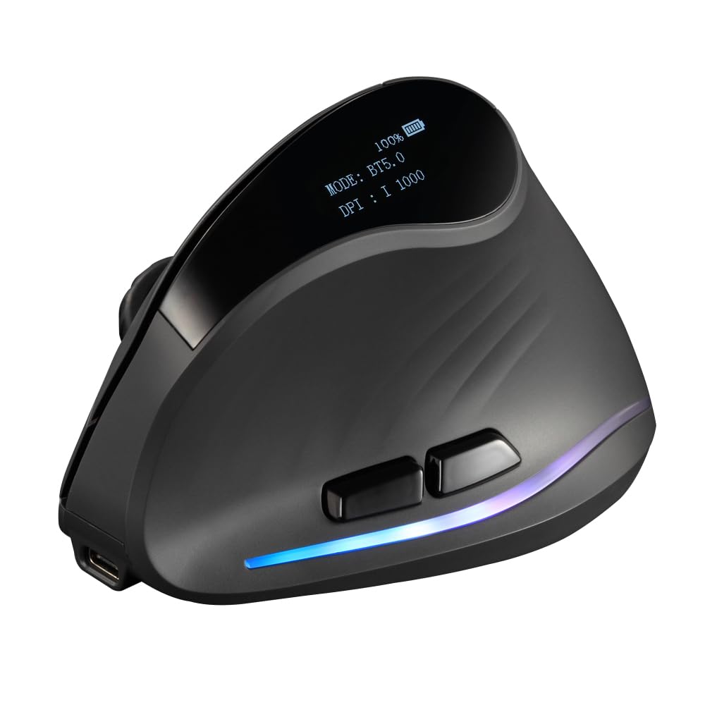 zelotes Kabellose Bluetooth Maus mit Display,Wiederaufladbar Funkmaus,4000 DPI,BT 5.0/3.0 + 2.4GHz,7 Tasten mit USB-Empfänger,RGB,Vertikale Ergonomische Maus Kabellos für Laptop,PC,Tablets