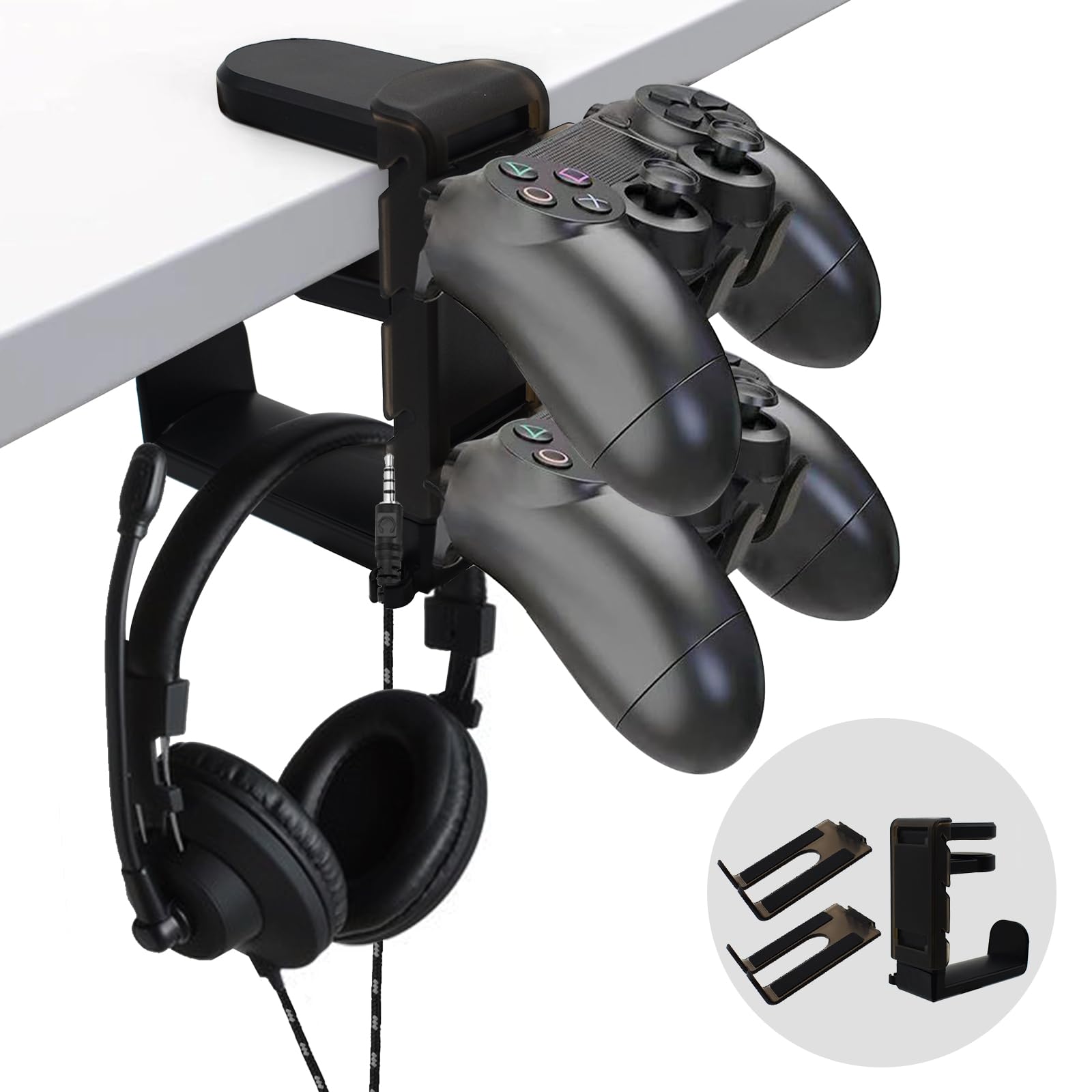 2 in 1 Kopfhörer Ständer Controller Halter, 360° Drehbar Headset Halterung Tisch mit Kabel Organizer, Universal Kopfhörerständer Gaming Zubehör (Schwarz)