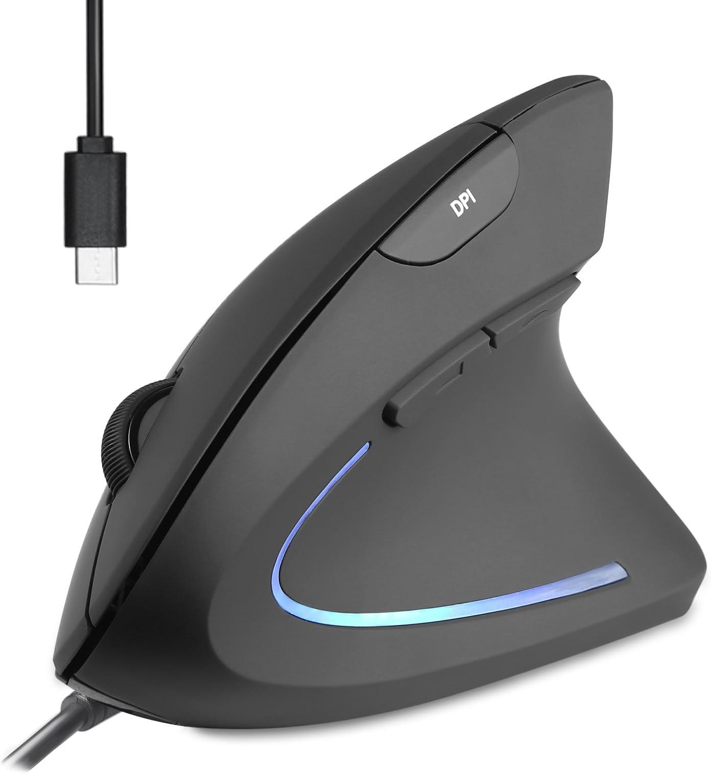 Perixx PERIMICE-513C Kabelgebundene Vertikale USB-C Maus, 6 Tasten, 1000/1600 DPI, Rechtshänder-Design, 1,8m Typ C Kabel, Schwarz
