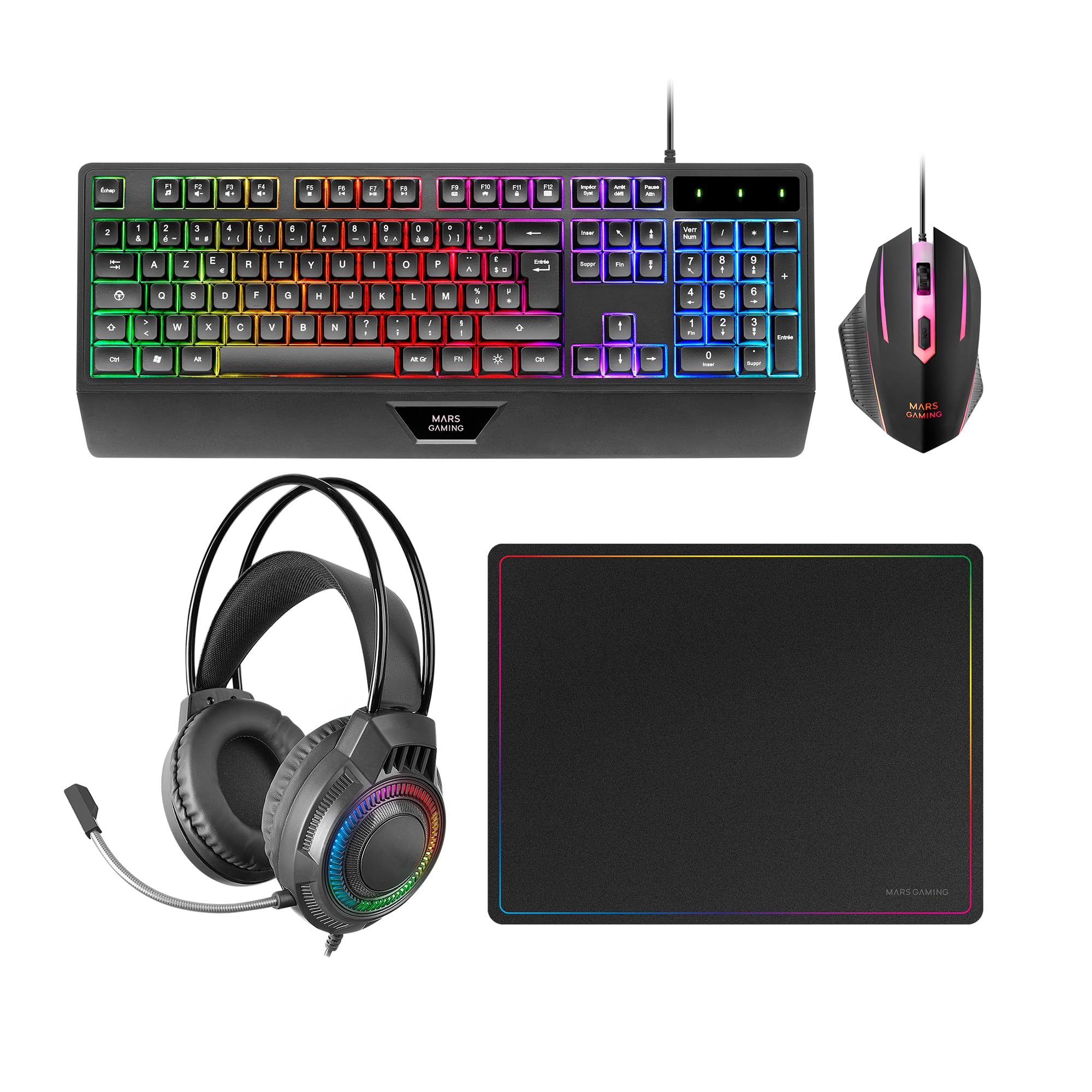 Mars Gaming MCP124PRO, Spanisch, Gaming-Combo 4in1, RGB H-Mech-Tastatur mit Handballenauflage, RGB-Maus 3200DPI HUANO-Schalter, FRGB-Headset, Nanotextil-Mauspad 36x26cm, Multiplattform, Schwarz