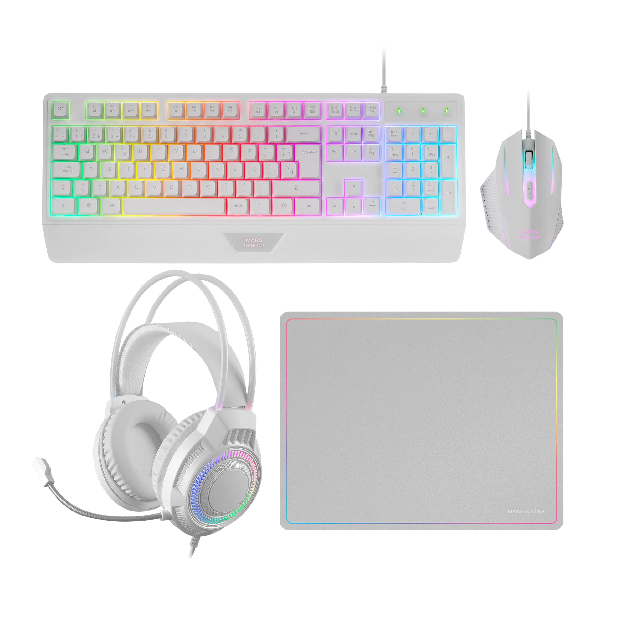 Mars Gaming MCP124PRO, Portugiesisch, Gaming-Combo 4in1, RGB H-Mech-Tastatur mit Handballenauflage, RGB-Maus 3200DPI HUANO-Schalter, FRGB-Headset, Nanotextil-Mauspad 36x26cm, Multiplattform, Weiß