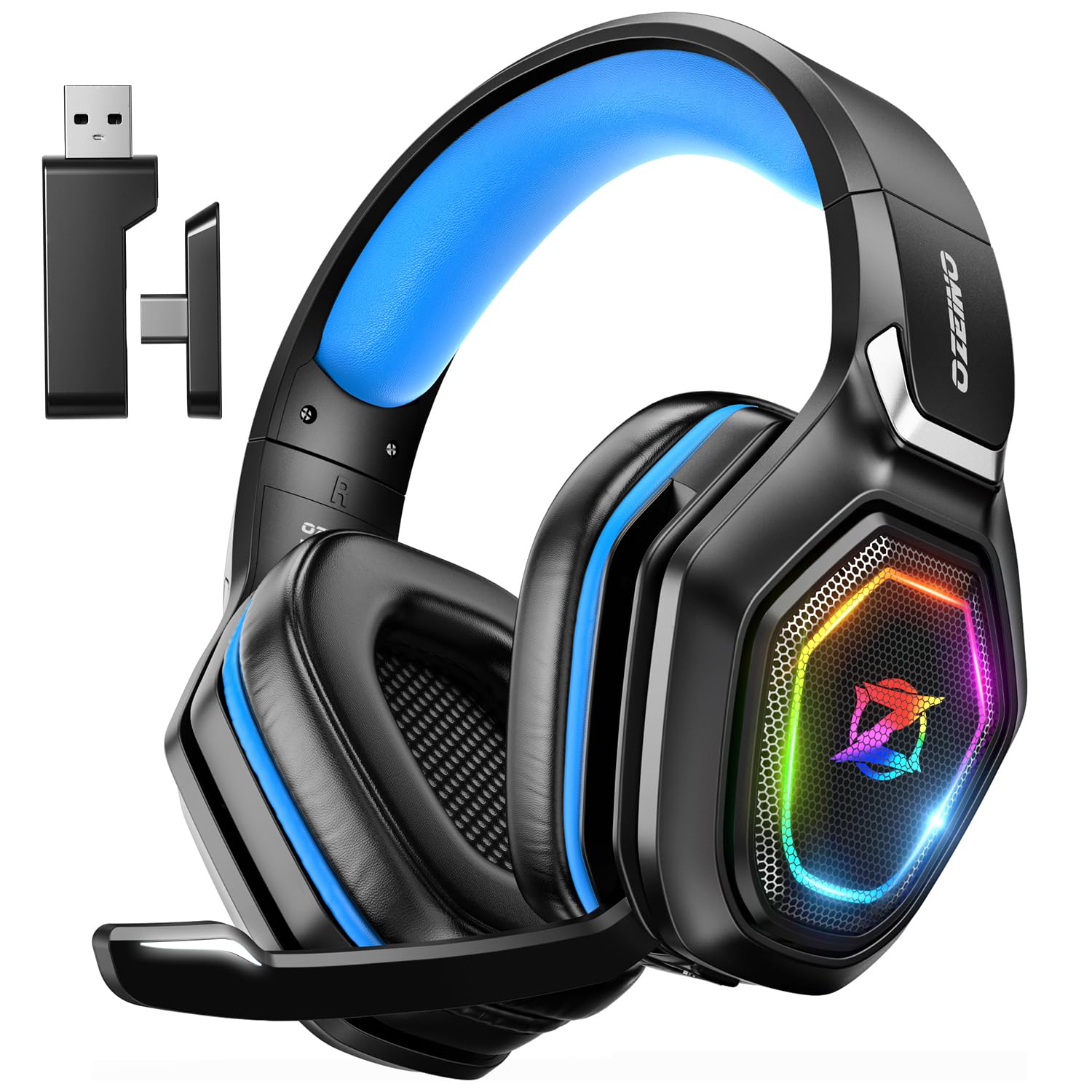 Ozeino Wireless Gaming Headset für PC/Ps4/Ps5 Gaming-Kopfhörer mit USB-A & USB-C Transmitter Gamer Headset mit Mikrofon und RGB-Licht Bluetooth-Headset für Laptop/Mobile/Mac