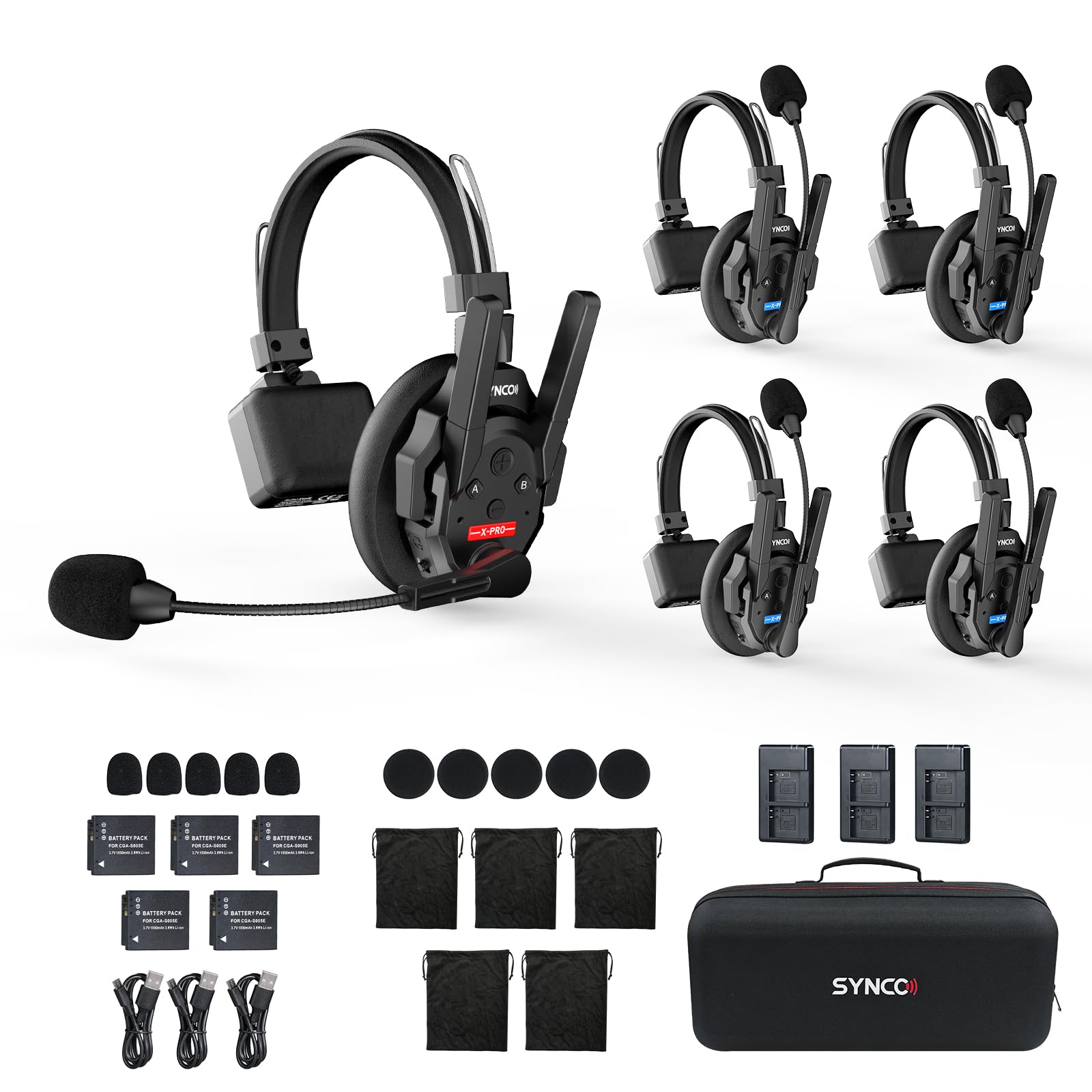 Moman Wireless Intercom Headset, XTALK XPRO5 2.4GHz 24H 500M Vollduplex Kabelloses Kommunikationssystem für Film Produktion(5 PCS)