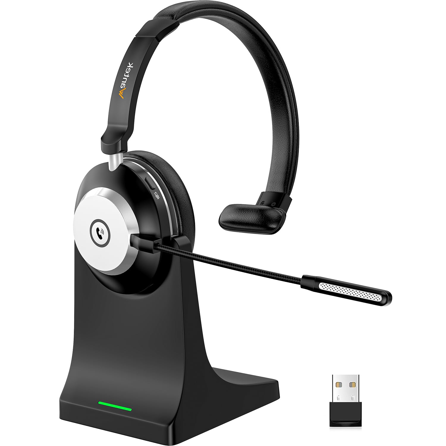 Wantek Bluetooth-Headset mit Mikrofon für PC, V5.2, Kabelloses Headset mit Rauschunterdrückungs-Mikrofon, USB-Dongle, Ladestation und Stummschalttaste für Arbeit, Handys, Computer