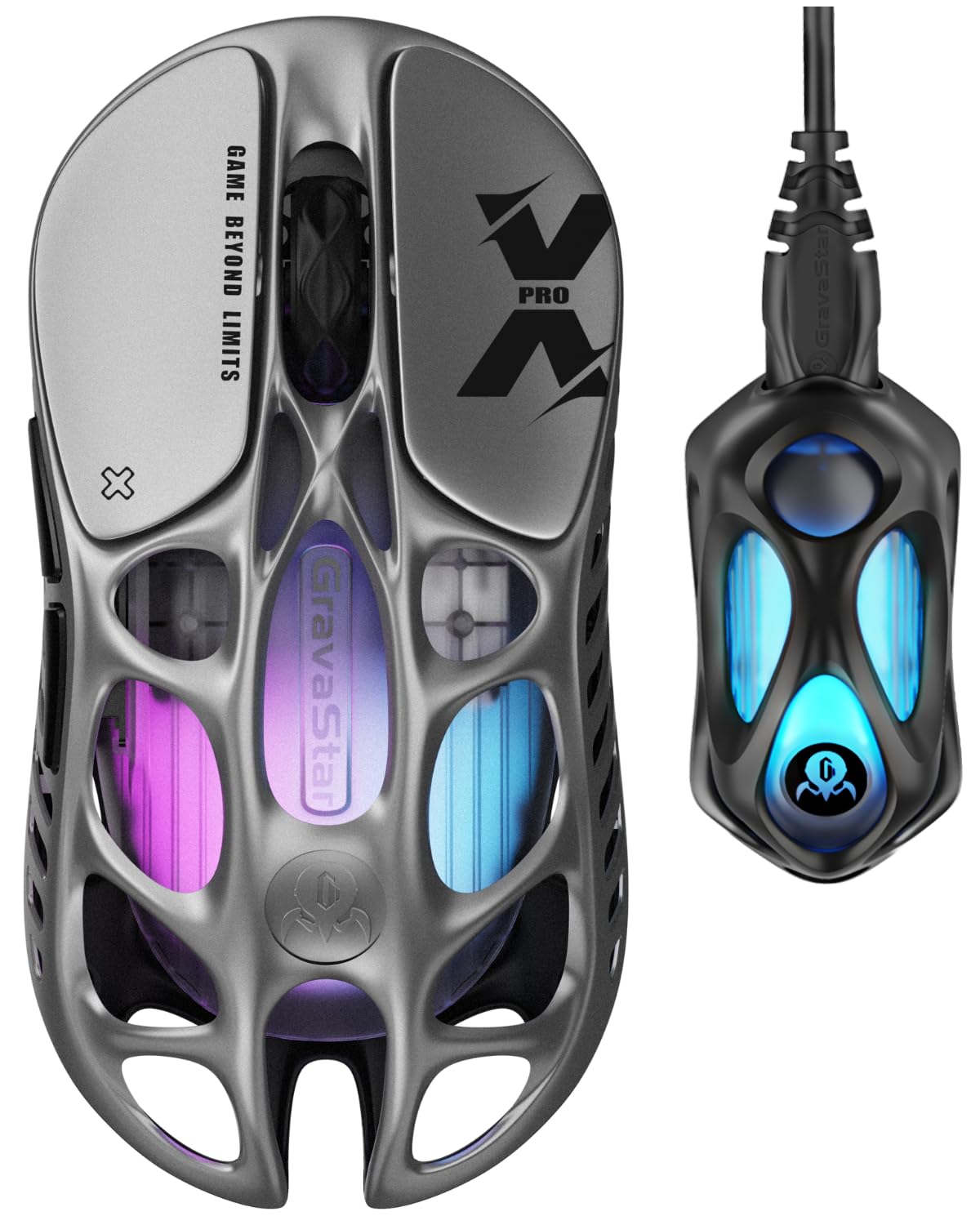 GravaStar Mercury X Pro 49g Kabellose Gaming Maus, 8K-Dongle, 32.000 DPI PAW 3950 Sensor, 8.000 Hz Polling-Rate, Magnesiumlegierung, hohles Design, RGB-Beleuchtung, 5 programmierbare Tasten