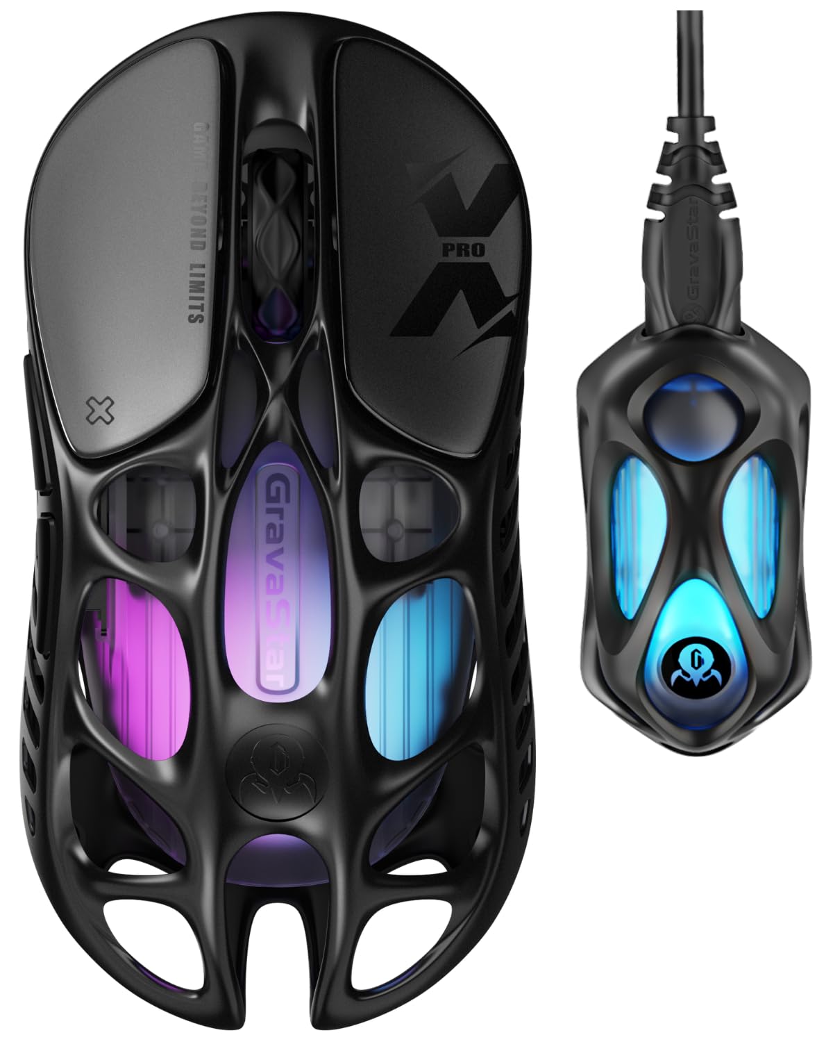 GravaStar Mercury X Pro 49 g Kabellose Gaming-Maus, 32.000 DPI PAW 3950 Sensor, 8.000 Hz Polling-Rate, Magnesiumlegierung, hohles Design, RGB-Beleuchtung, 5 programmierbare Tasten (Modern, Schwarz-8K)
