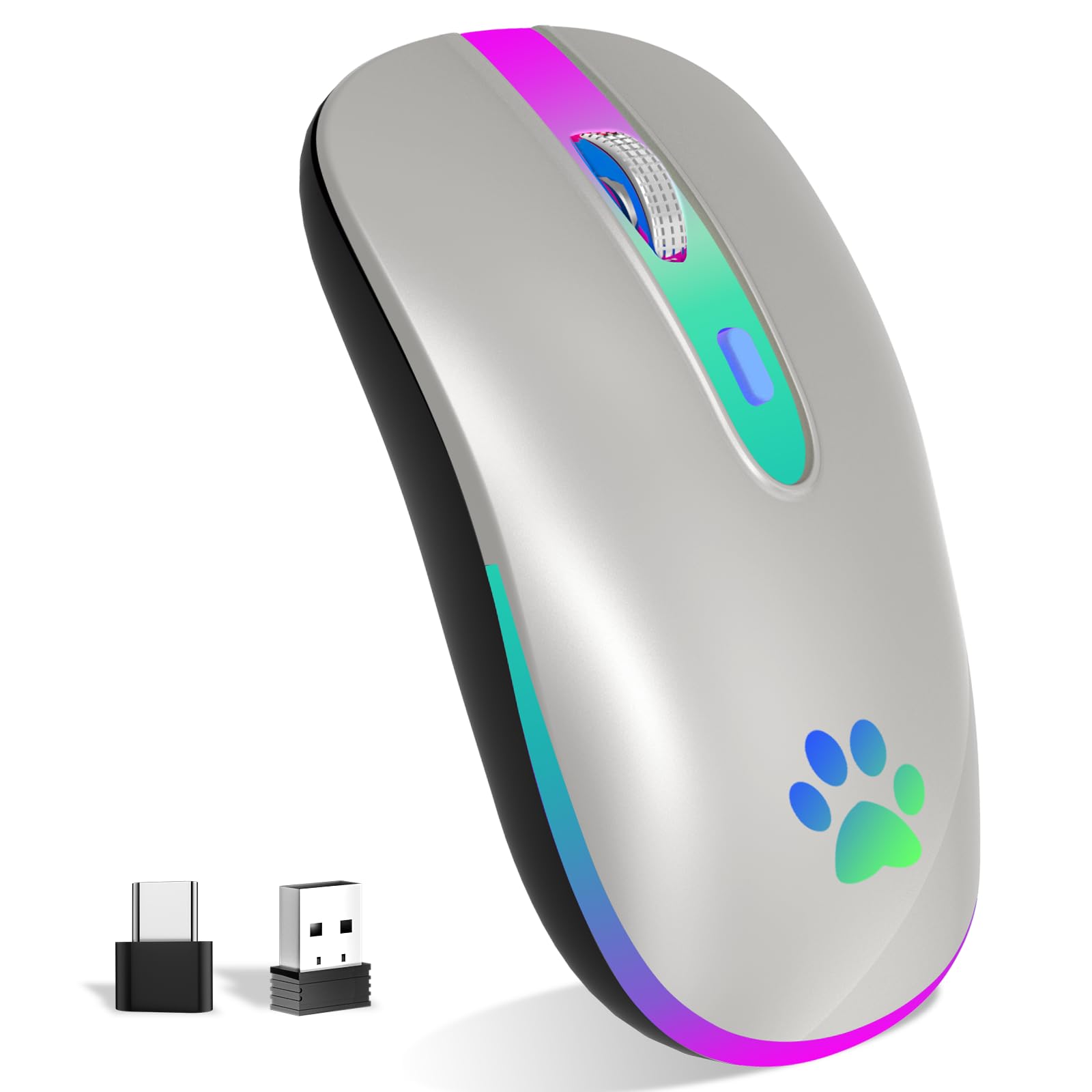 KBCASE Maus Kabellos 2,4 GHz-USB Funkmaus, Bluetooth Maus 1600 DPI Optical Tracking, Wiederaufladbare Gaming Wireless Mouse mit 7 Farben LED-Licht für PC, Laptop, Mac,iOS, Android, iPad, Windows