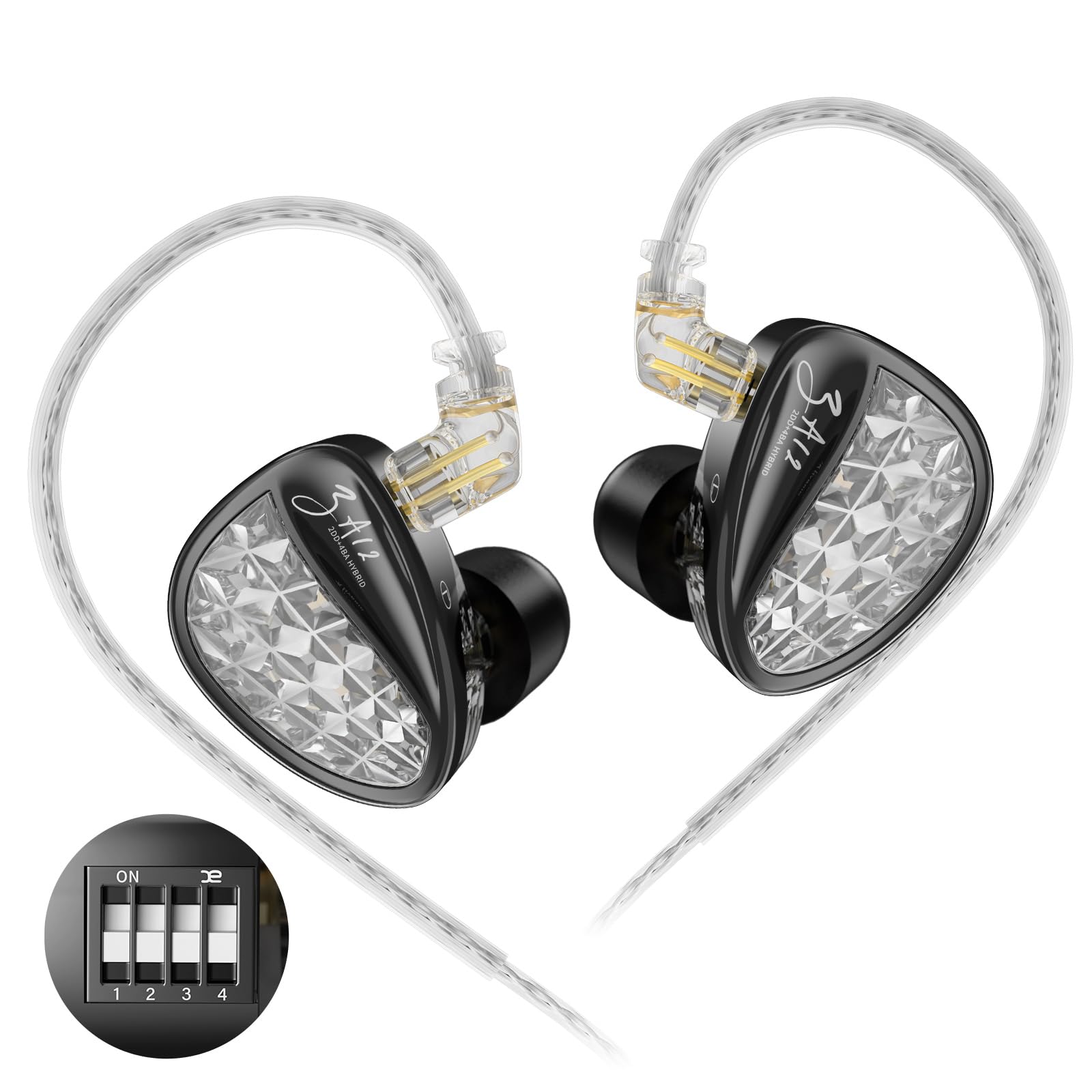 KINBOOFI KZ ZA12 In-Ear-Kopfhörer, 2DD und 4BA Hybrid-In-Ear-Monitore, 4-stufiger Tuning-Schalter, IEM-Kopfhörer, leistungsstarker bassbetriebener Sound, geräuschisolierende kabelgebundene Kopfhörer