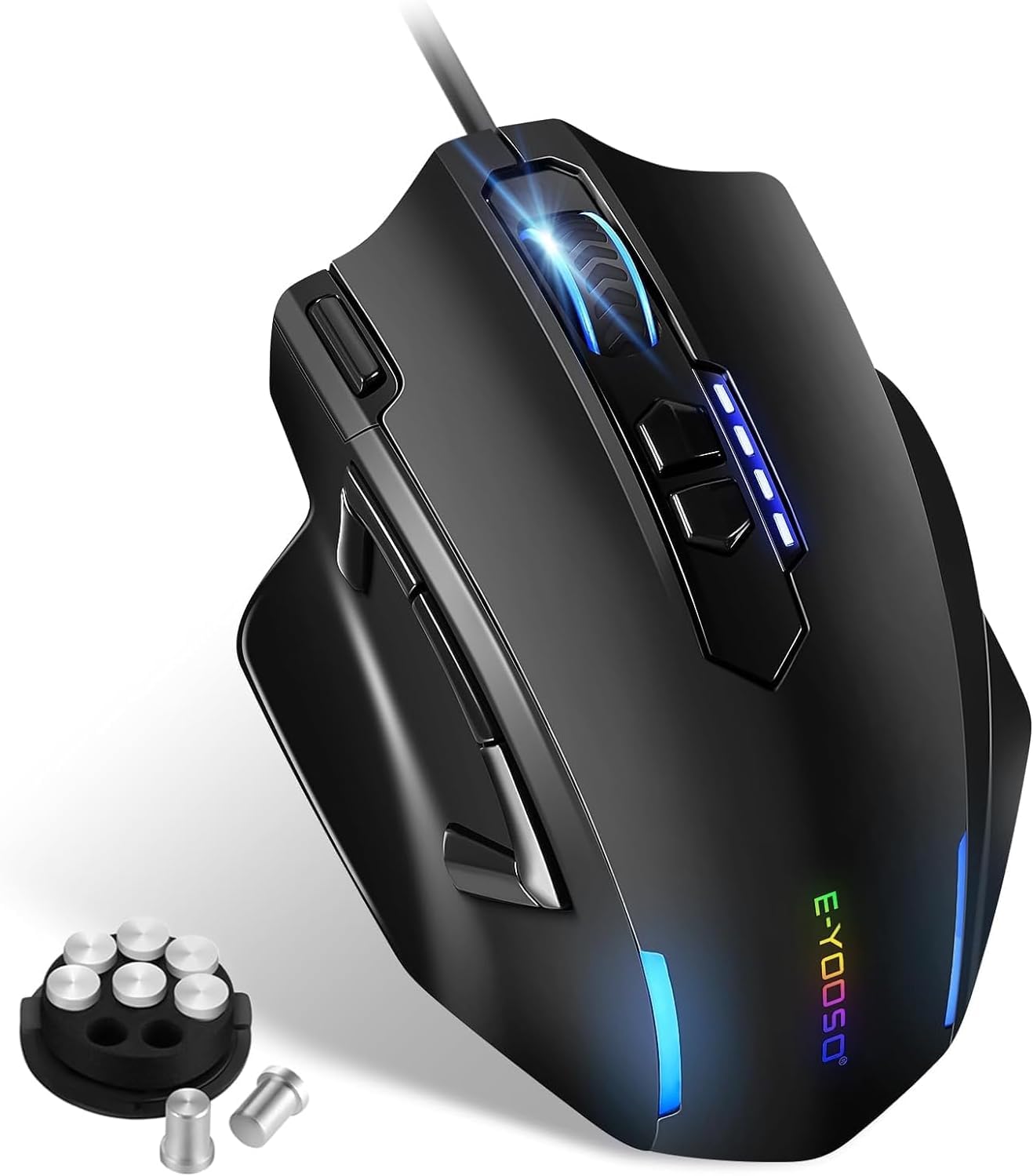 E-Yooso MMO Gaming Maus, kabelgebundene optische Maus, 12.400 DPI, 11 programmierbare Tasten mit 5 Seitentasten, Schnellfeuertaste, ergonomische Form, RGB Beleuchtung, einstellbares Gewicht