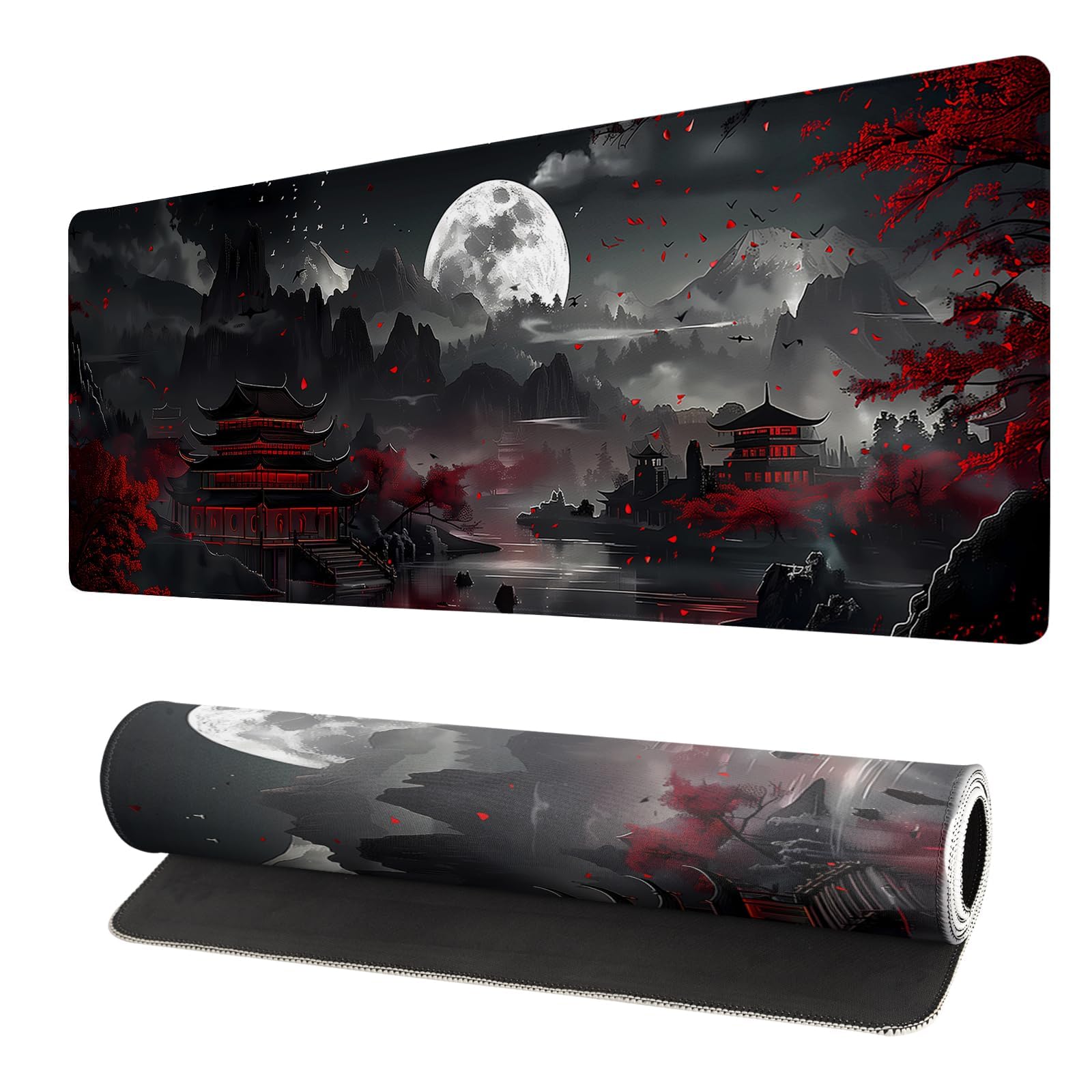 Großes Gaming-Mauspad XXL – 900 x 400 mm – Gamer Mouse Pad mit Nähten an den Kanten – unter Hand für Büro – Zubehör für Büro, rutschfeste Gummiunterseite, Oberfläche (Nacht-See)