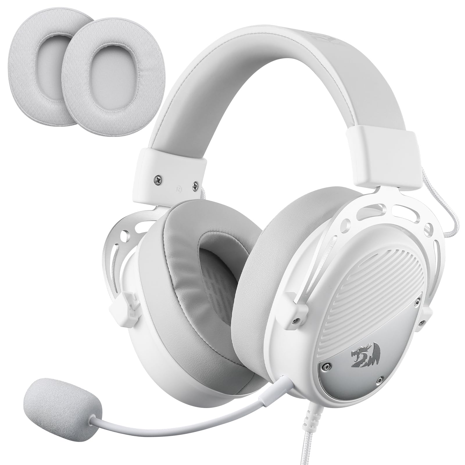Redragon H730 USB Gaming-Headset – 53mm Treiber, 360° Surround Sound, Abnehmbares Geräuschunterdrückungsmikrofon, Magnetisch Austauschbare Ohrpolster, Over-Ear Kopfhörer für PC/PS4/PS5, Weiß