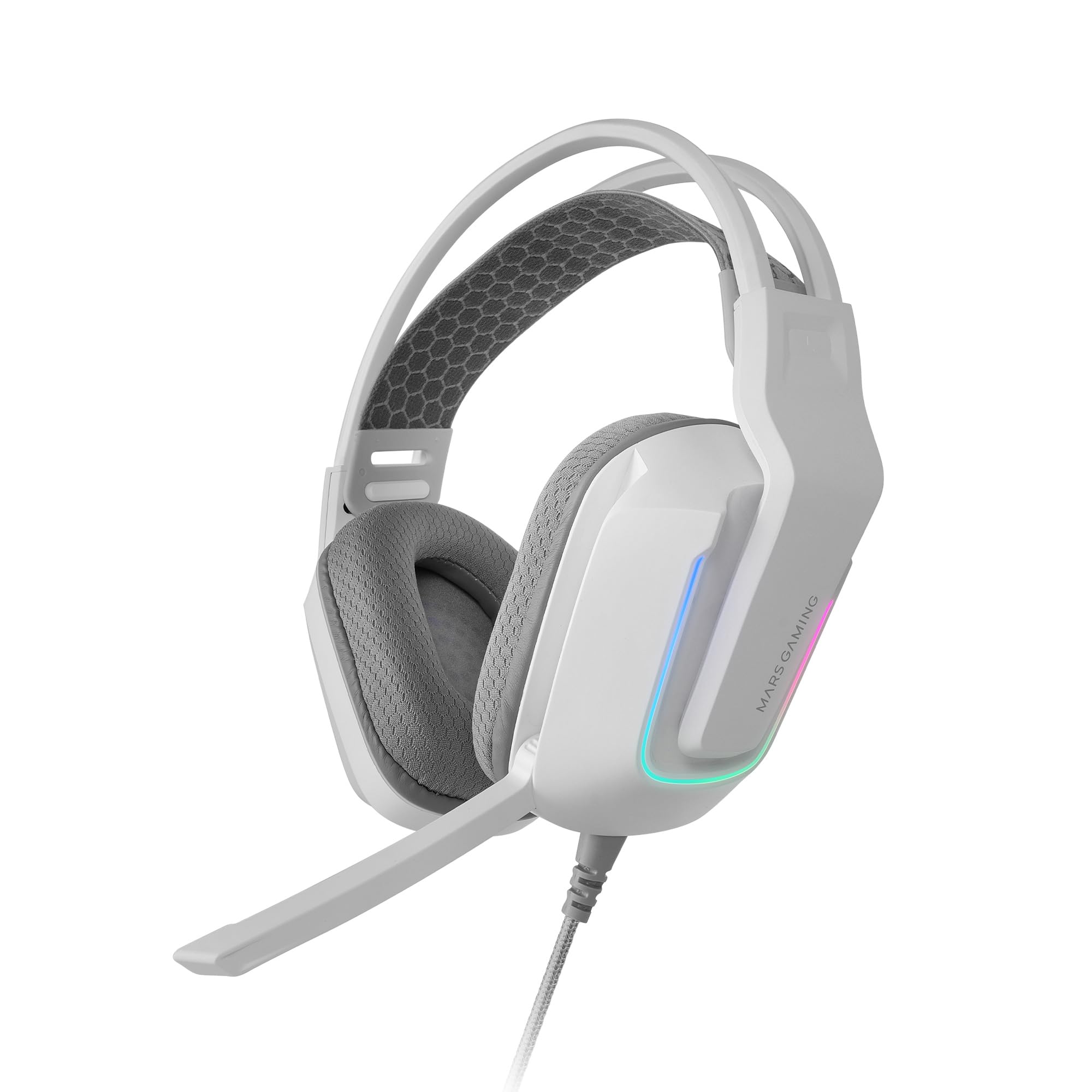 Mars Gaming MH-Strike, Gaming-Headset FRGB Rainbow, Ergonomie Design, 50mm Neodym-Treiber, Klappbares Mikrofon, Integrierte Steuerung, Air-Ohrpolster, Verstellbarer Kopfbügel, Multiplattform, Weiß