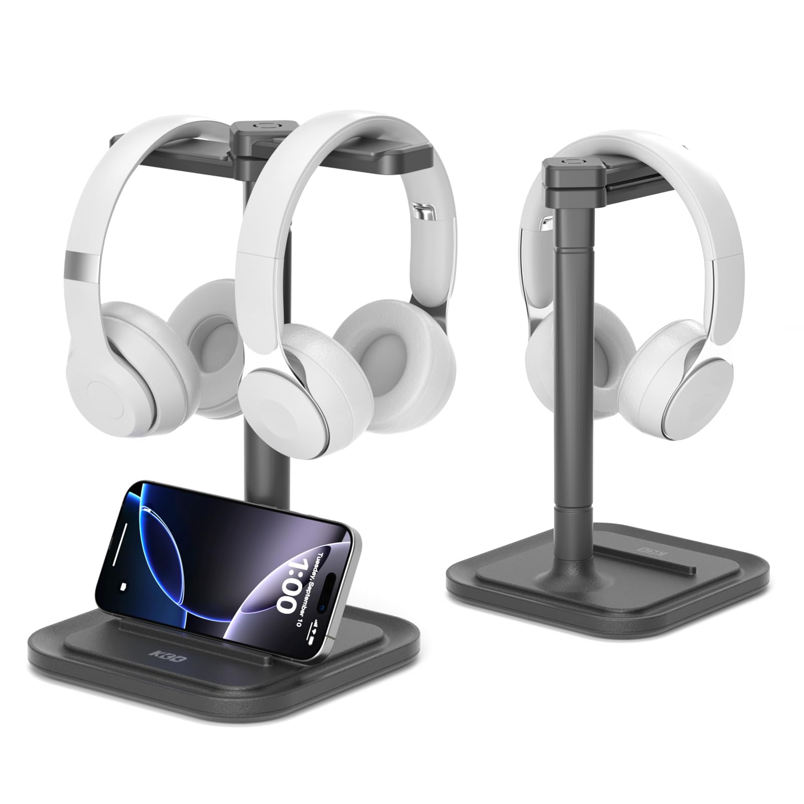KDD Dual Kopfhörer Ständer Schreibtisch & Universal Kopfhörer Halterung mit Handyhalterung, Rutschfester & Drehbar Gaming Headset Halterung für Alle Over Ear, Abnehmbar Headset Ständer für Gamer PC
