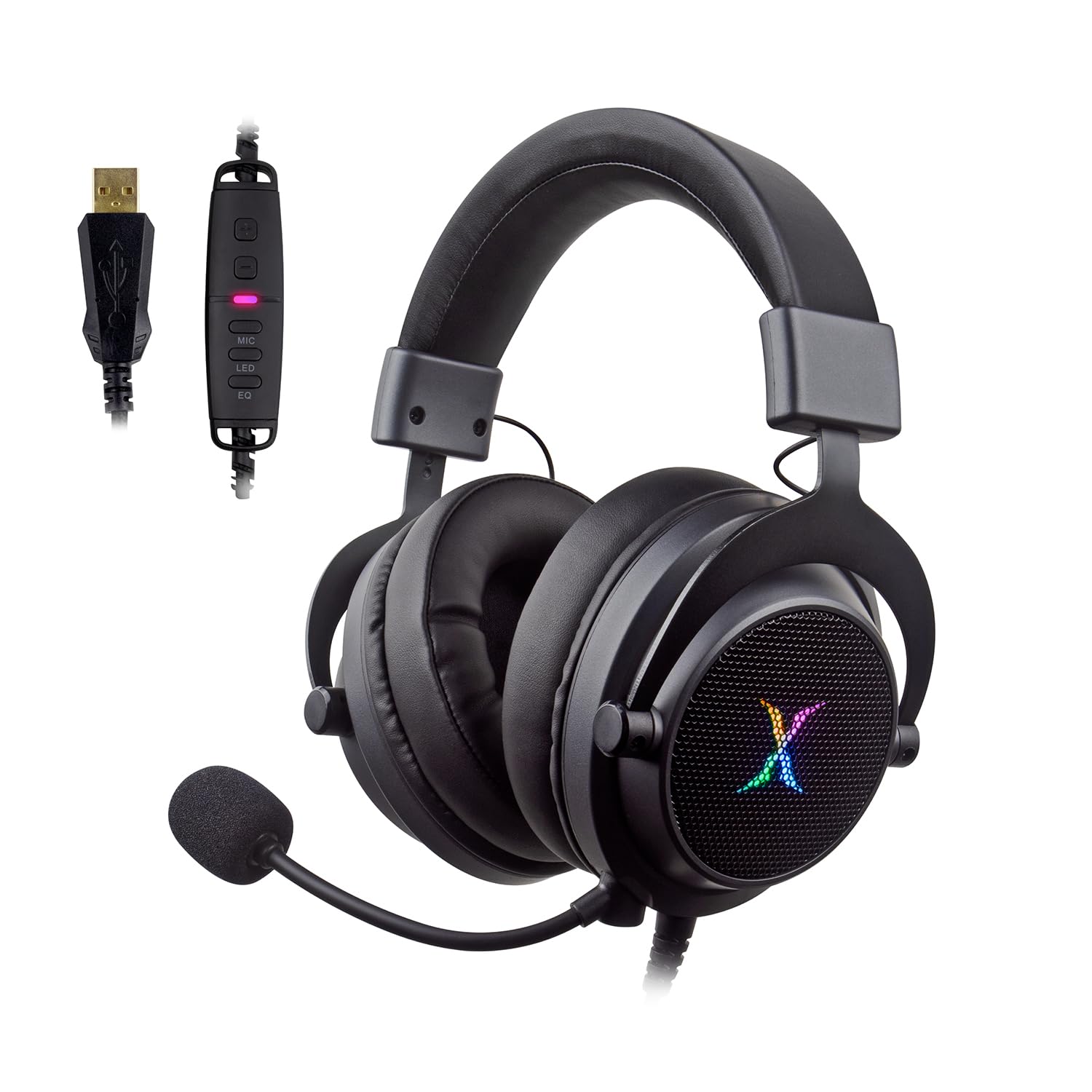 FOXXRAY HAU-37 USB-Gaming-Headset für PC, Computer-Kopfhörer mit Mikrofon, 7.1-Surround-Sound, 50 mm dynamische Treiber, RGB-Licht, kabelgebundene Kopfhörer für PS4, PS5, Laptop – Schwarz