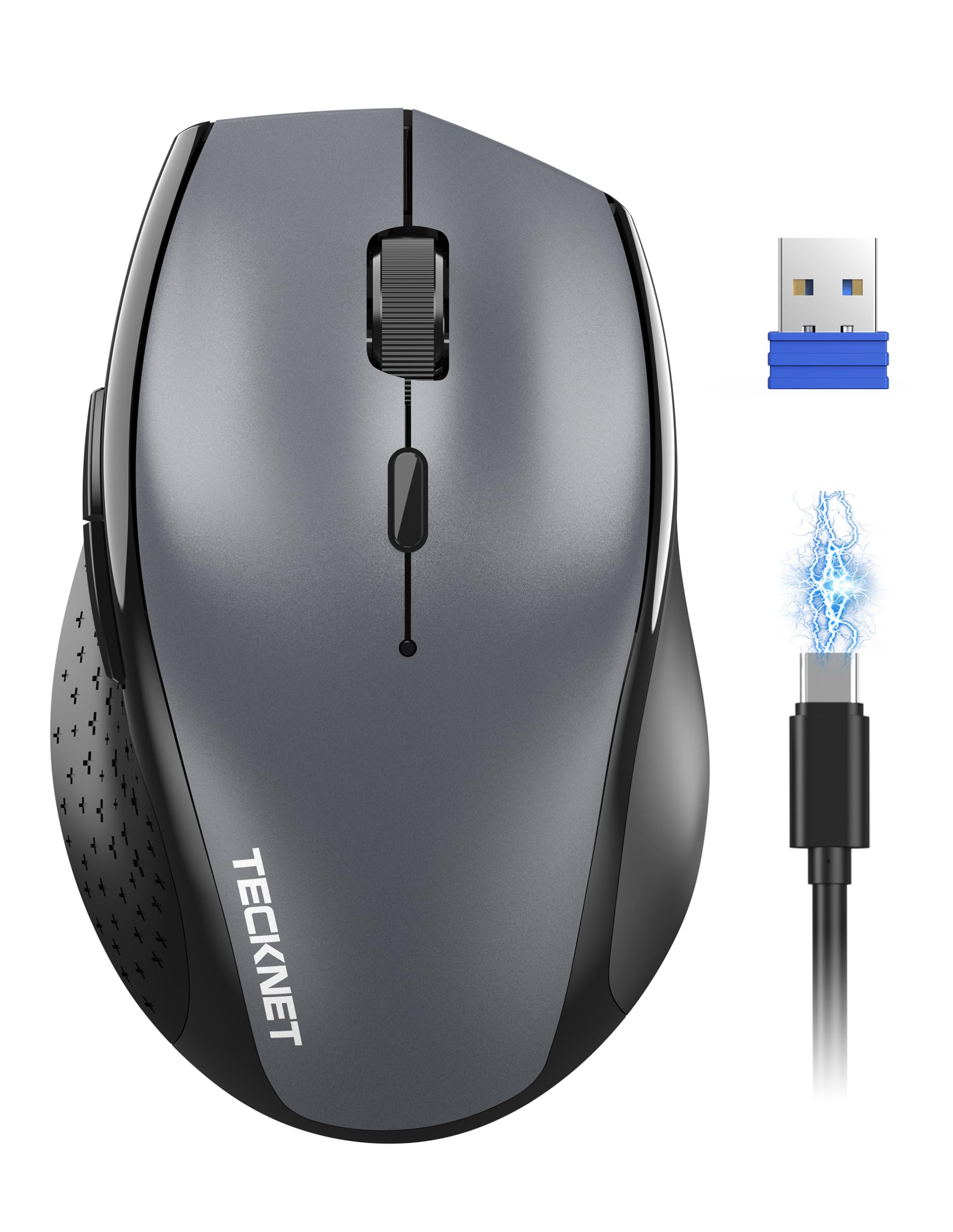TECKNET PRO Kabellose Maus Wiederaufladbar, Silent Funkmaus 6400 DPI, 2,4 GHz Computermaus, Ergonomische Griffe, 6 Tasten, Tragbar Maus für PC, Laptop,Chromebook, Mac-Grau