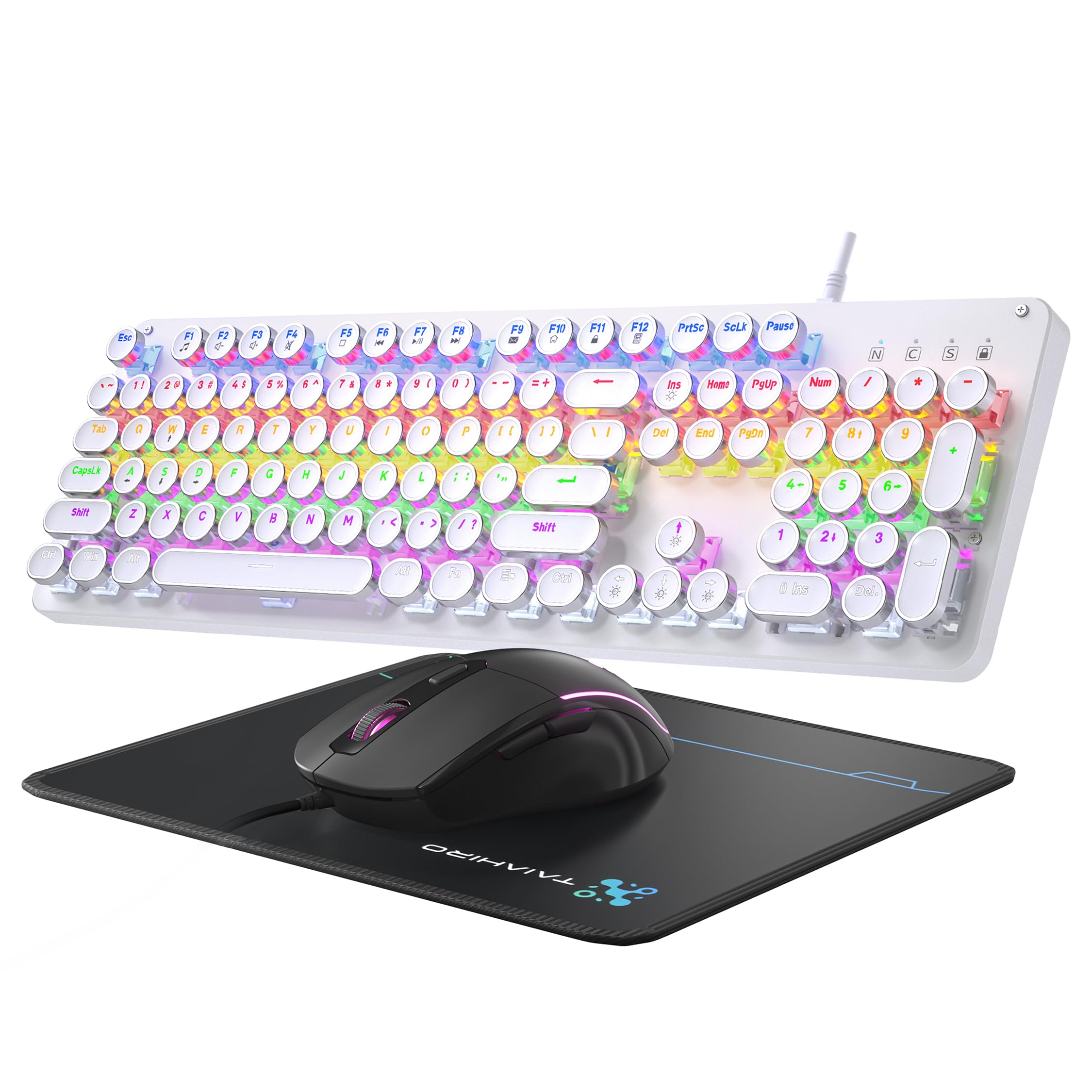 Typewriter Mechanische Gaming-Tastatur und Maus, 104 Tasten, Retro-Tastaturen in voller Größe, Metall-Panel, Punk, runde Tastenkappe, Clicky Blue Switch mit RGB-Hintergrundbeleuchtung, Maus und
