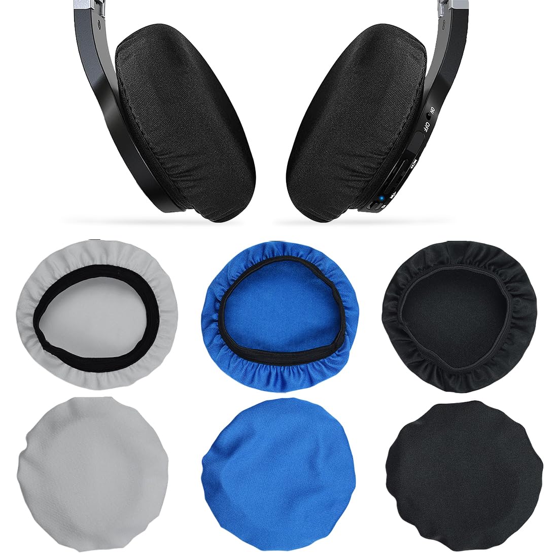 6 Stücke Kopfhörer Ohrpolster - Dehnbare Waschbare Abdeckungen aus Flexiblem Stoff, Headset Ohrpolster, Schweißschutz für Fitnessstudio, Gaming (Schwarz+Grau+Blau)