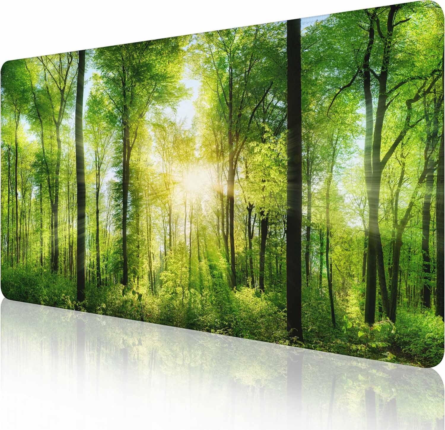 Großes Gaming-Mauspad mit genähten Kanten, Schreibtischunterlage mit Sonnenlicht-Wald, erweiterte Tastaturunterlage, rutschfeste Gummiunterseite, Schreibtischunterlage für Tastatur und Maus, 80 x 40